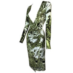 F/W 2005 Roberto Cavalli Chinoiserie Dragon Plunging Green High Slit Dress