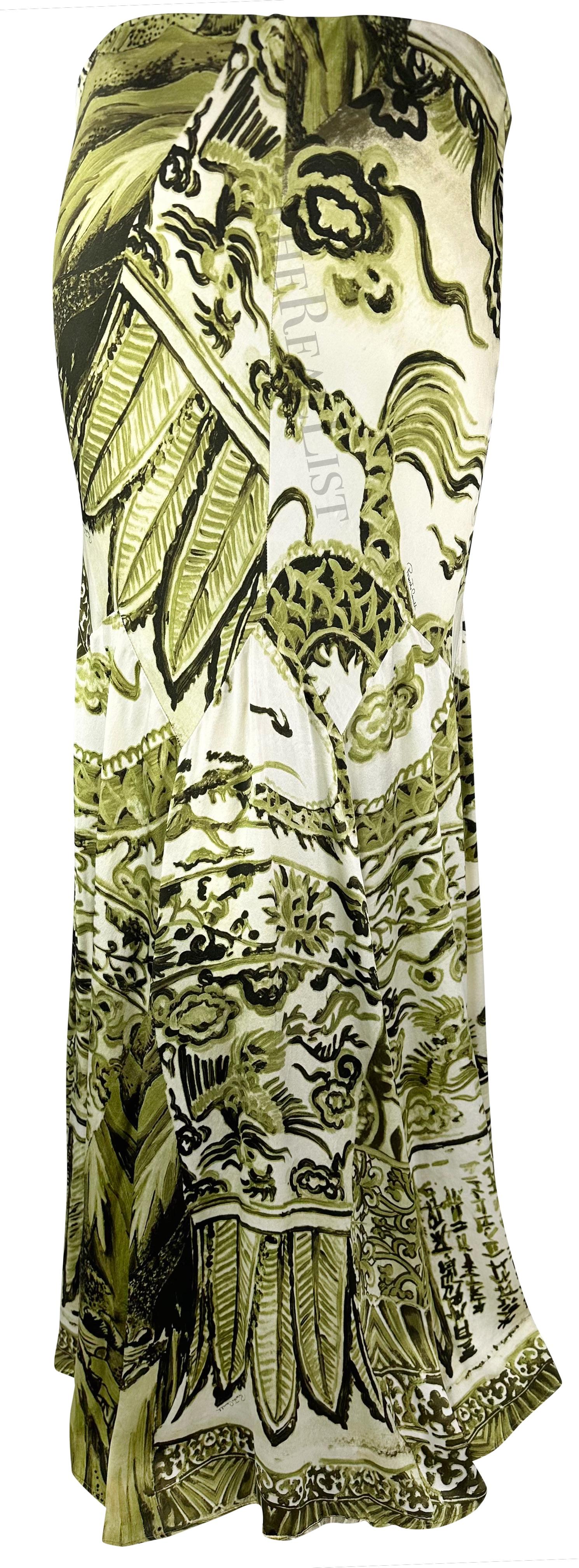 Women's F/W 2005 Roberto Cavalli Green Ming Vase Print Silk Maxi Skirt For Sale