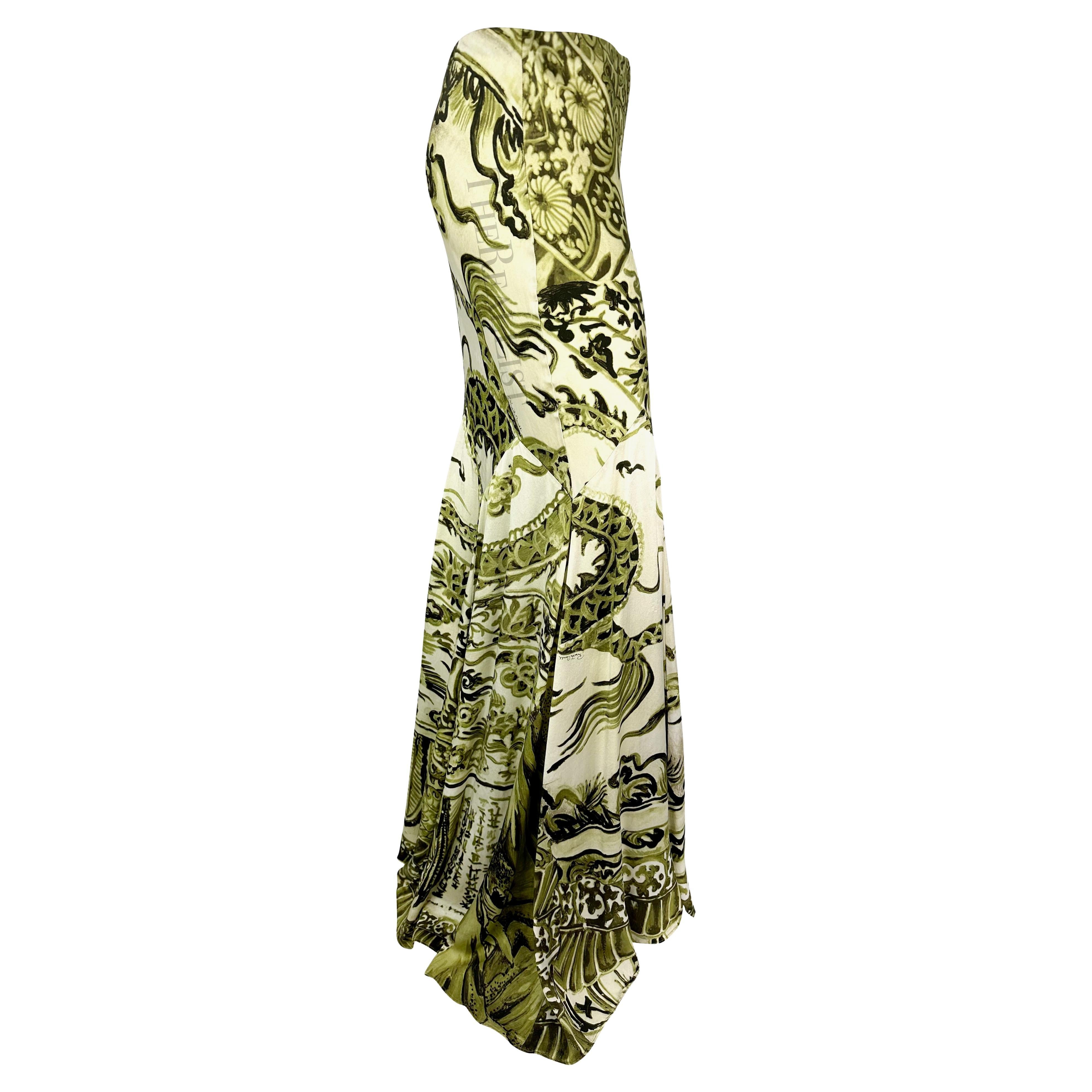 F/W 2005 Roberto Cavalli Green Ming Vase Print Silk Maxi Skirt For Sale 1