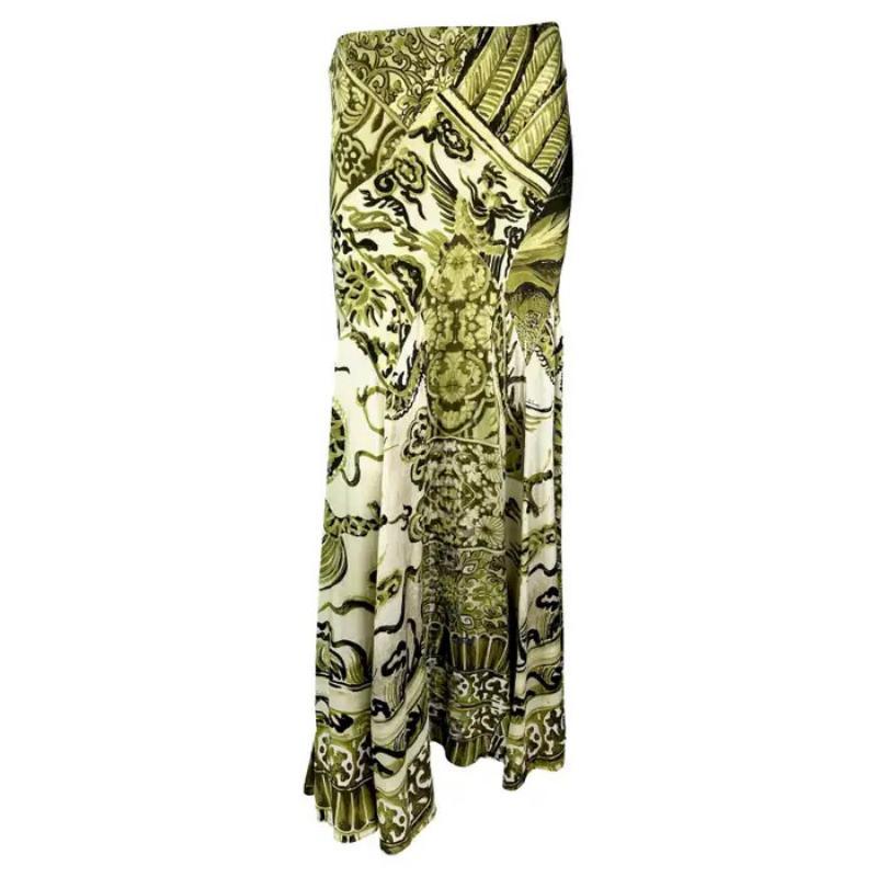 H/W 2005 Roberto Cavalli Grüner Maxirock mit Ming-Vase-Druck aus Seide im Angebot