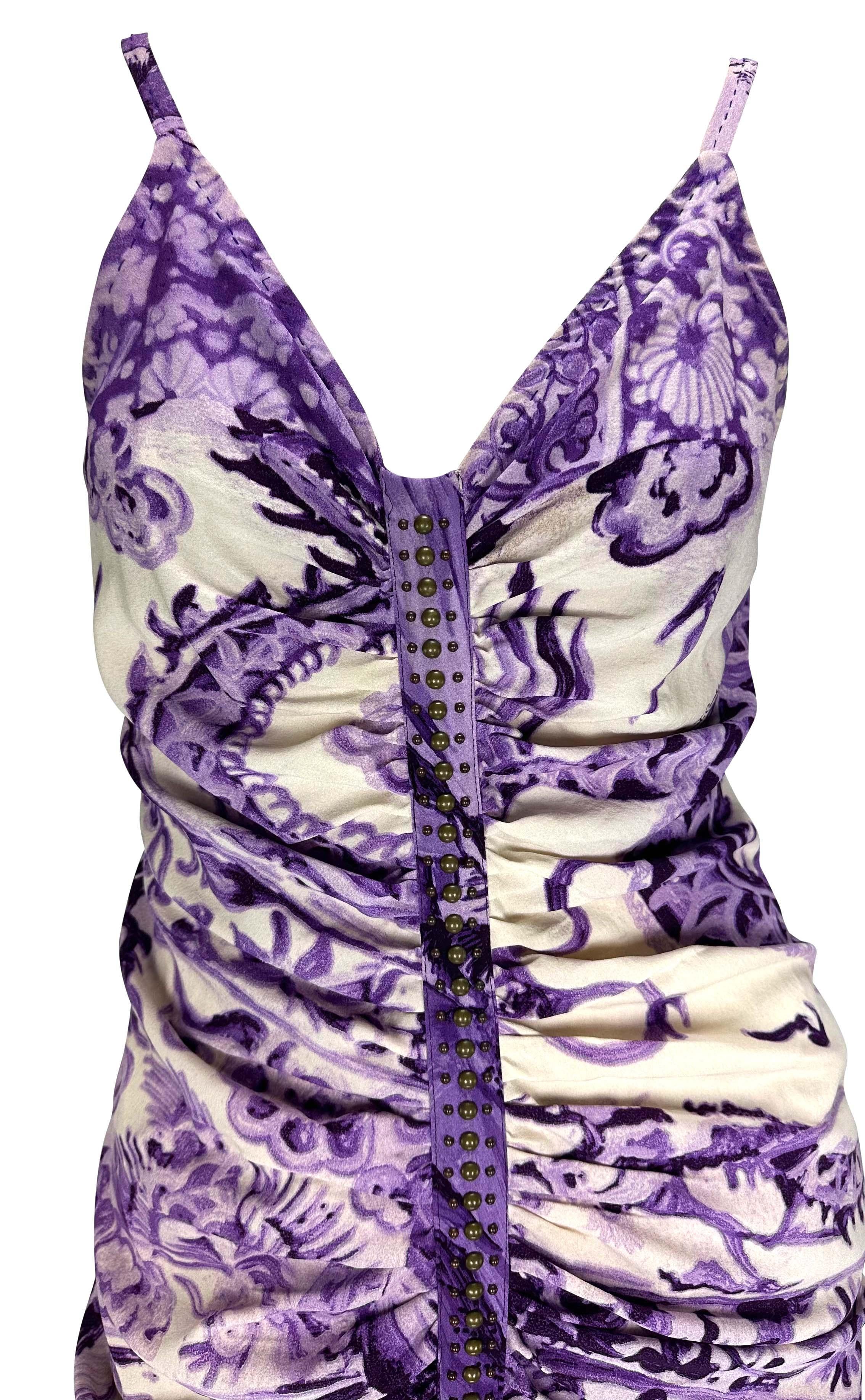 F/W 2005 Roberto Cavalli Ming Vase Print Studded Purple Flare Chinoiserie Gown In Good Condition For Sale In West Hollywood, CA