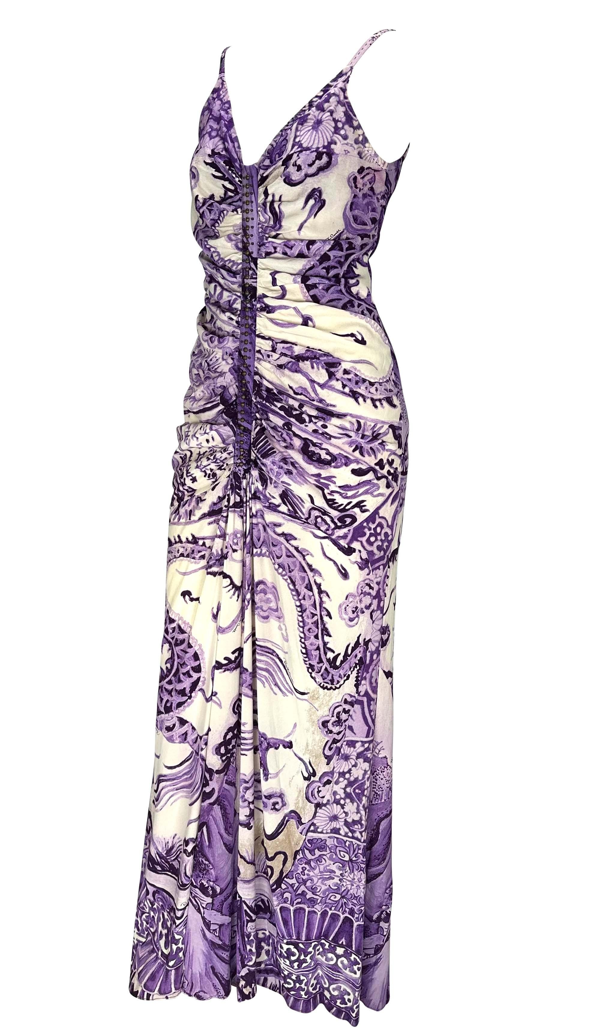 F/W 2005 Roberto Cavalli Ming Vase Print Studded Purple Flare Chinoiserie Gown For Sale 2