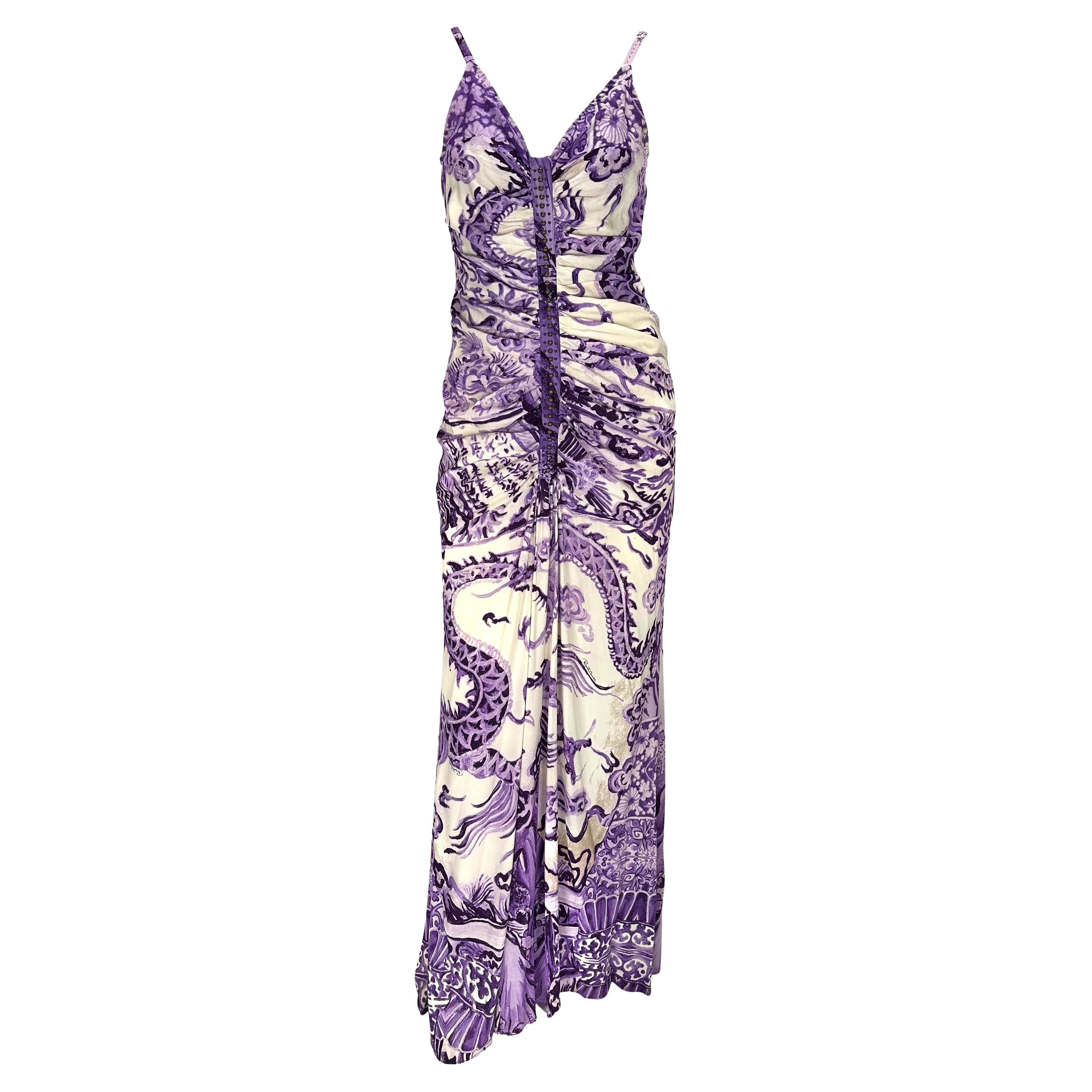 F/W 2005 Roberto Cavalli Ming Vase Print Studded Purple Flare Chinoiserie Gown For Sale