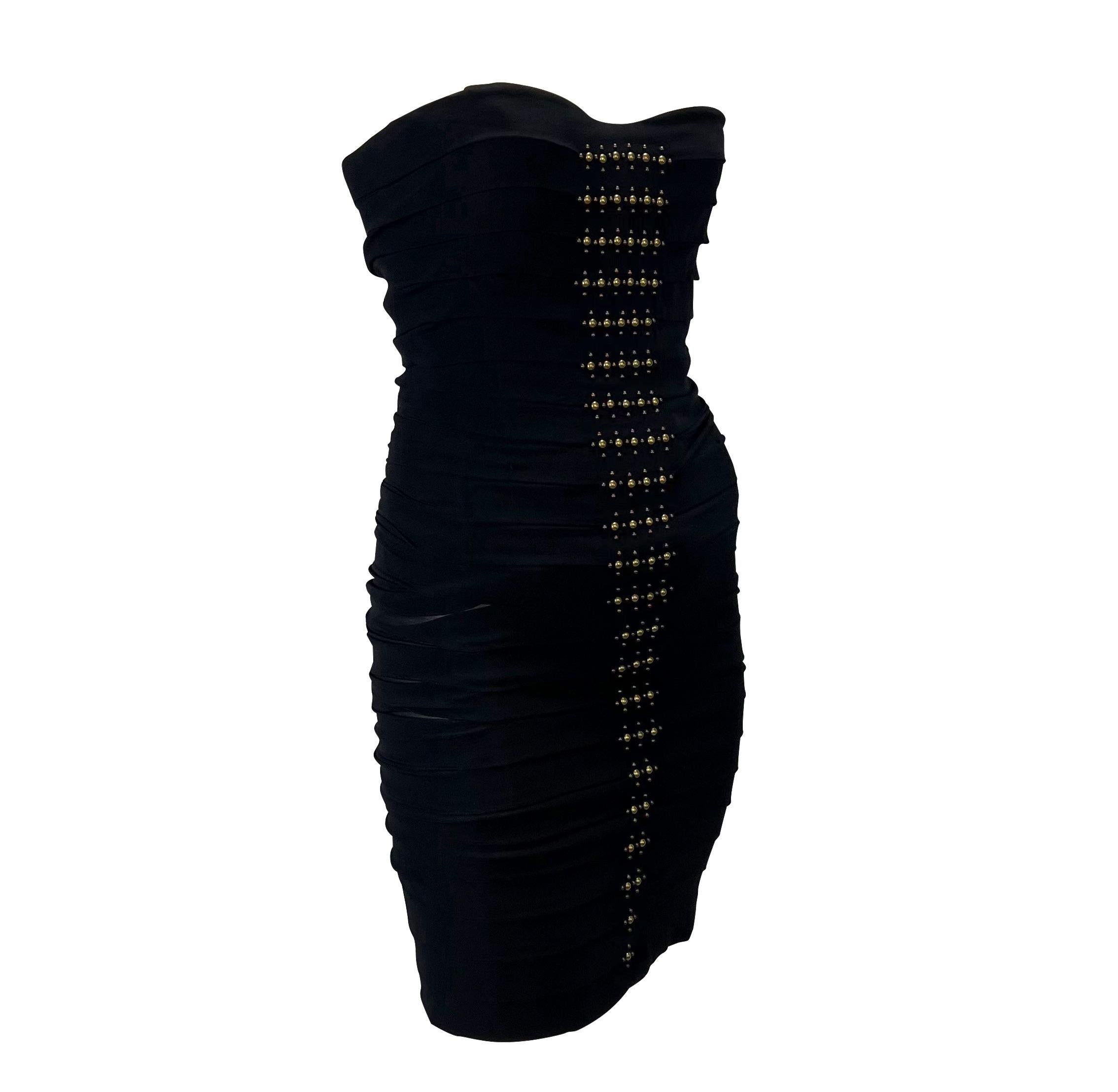 F/W 2005 Roberto Cavalli Runway Black Studded Pleat Boned Strapless Mini Dress For Sale 1