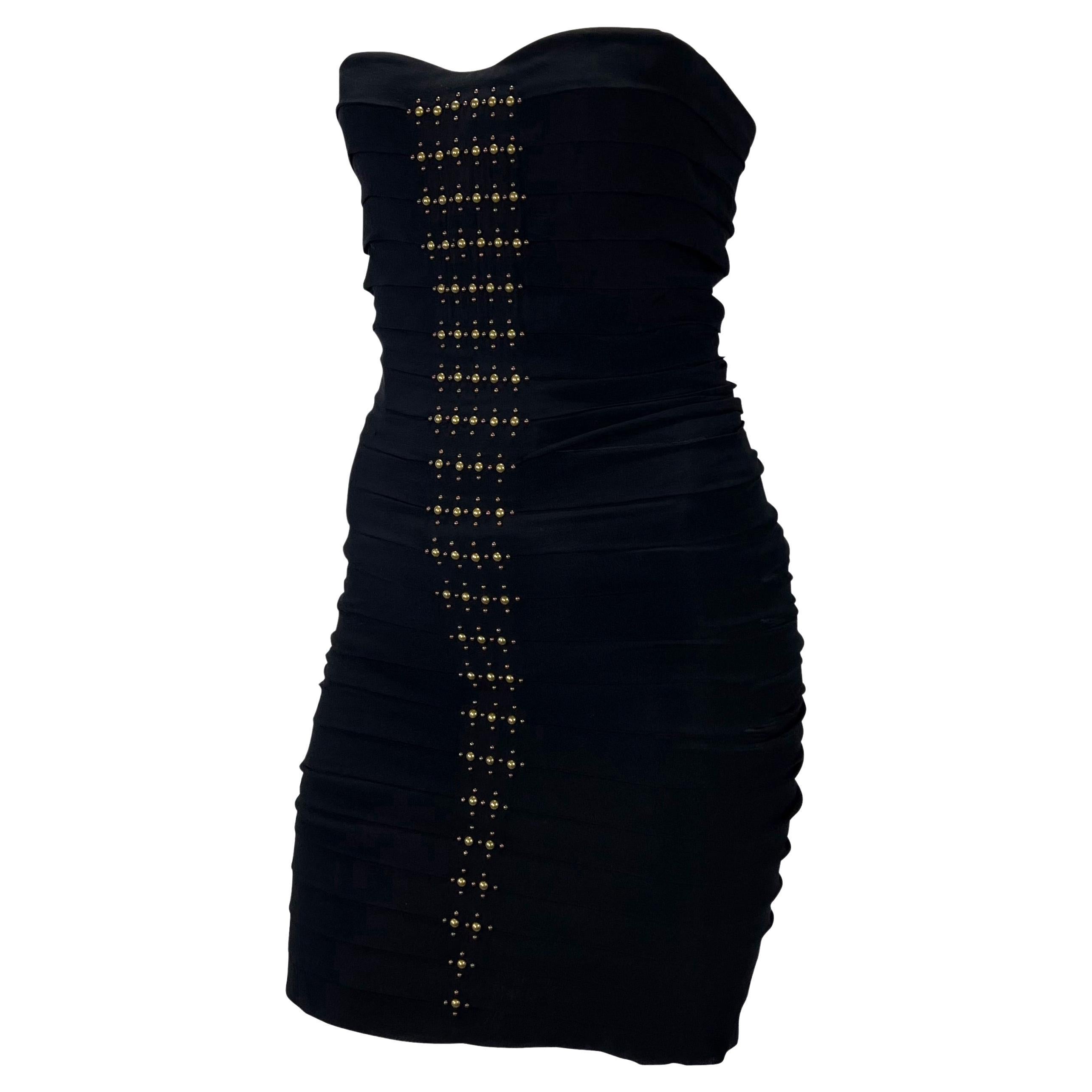 F/W 2005 Roberto Cavalli Runway Black Studded Pleat Boned Strapless Mini Dress For Sale
