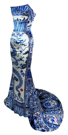 F/W 2005 Roberto Cavalli Runway Met Chinoiserie Dragon Gown Dress w Train