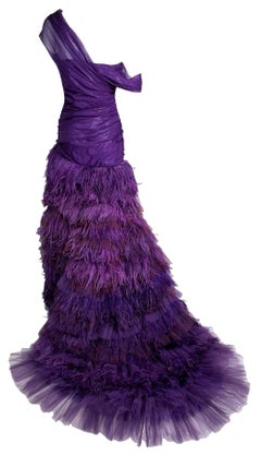 F/W 2005 Roberto Cavalli Runway Purple Hi Low Off Shoulder Feather Gown Dress