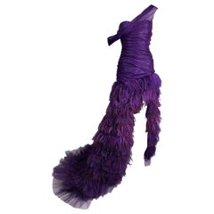 F/W 2005 Roberto Cavalli Runway Purple Hi Low Off Shoulder Feather Gown Dress
