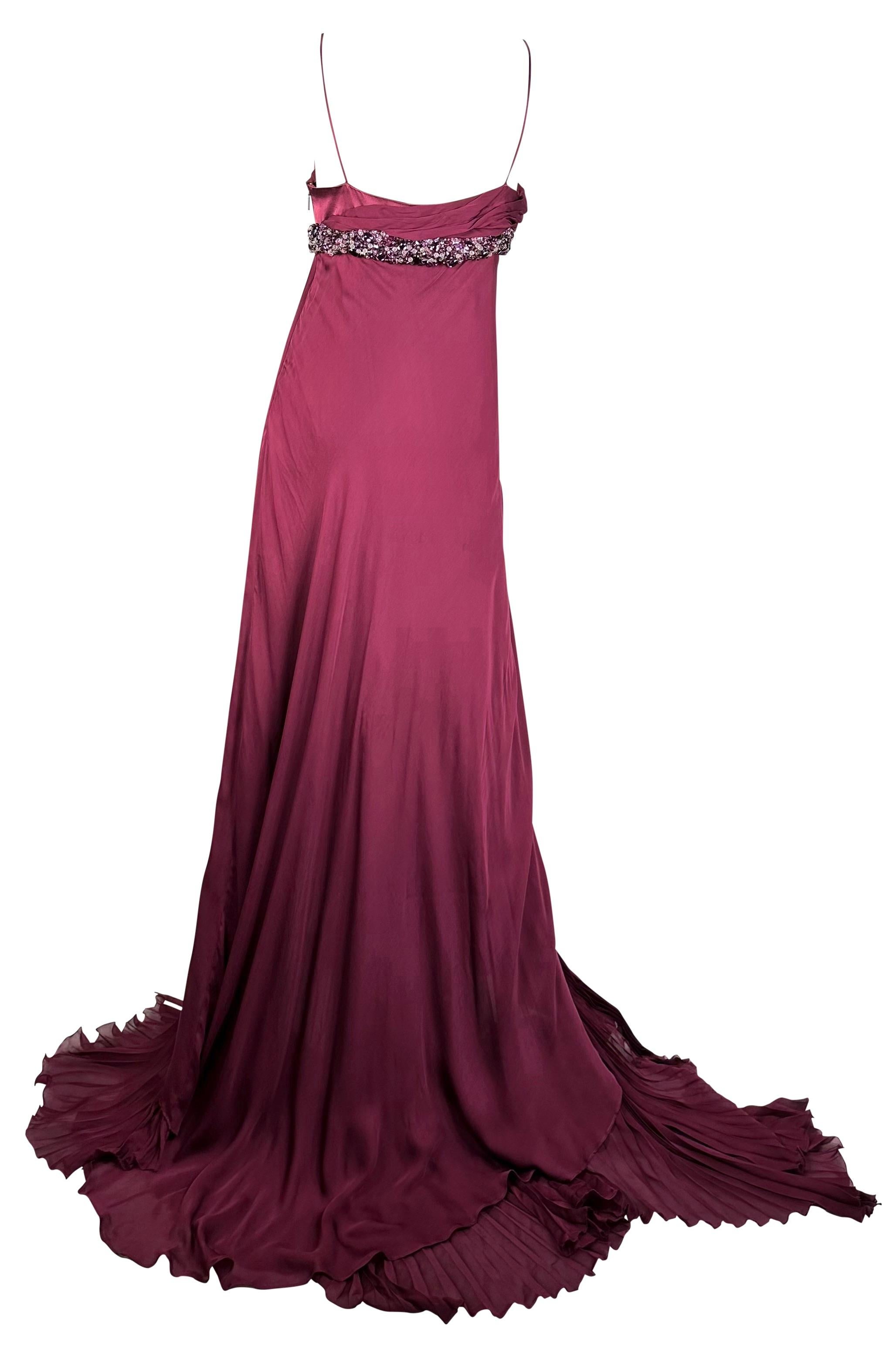 Women's F/W 2005 Roberto Cavalli Runway Purple Rhinestone Silk Chiffon Satin Maxi Gown For Sale