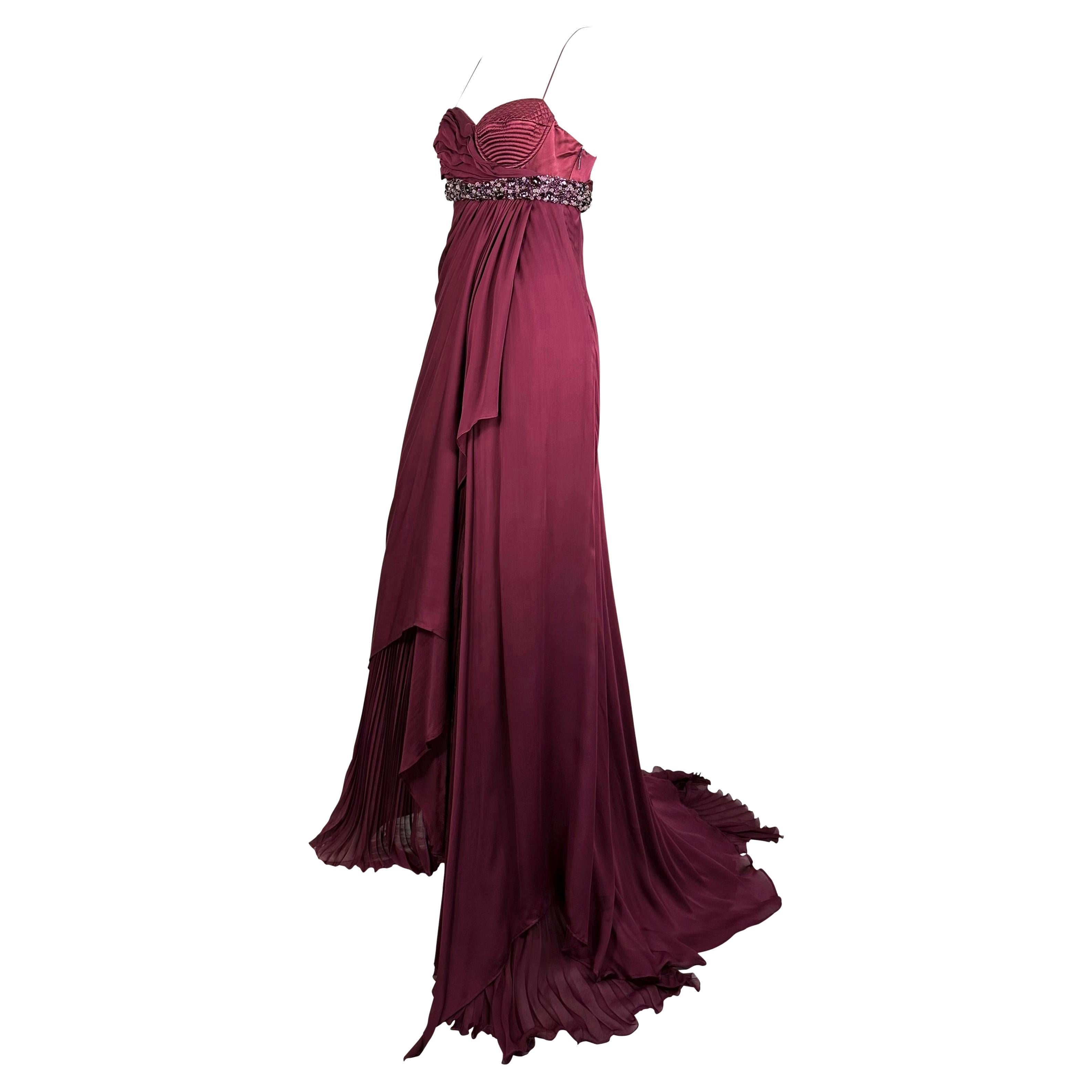 F/W 2005 Roberto Cavalli Runway Purple Rhinestone Silk Chiffon Satin Maxi Gown For Sale