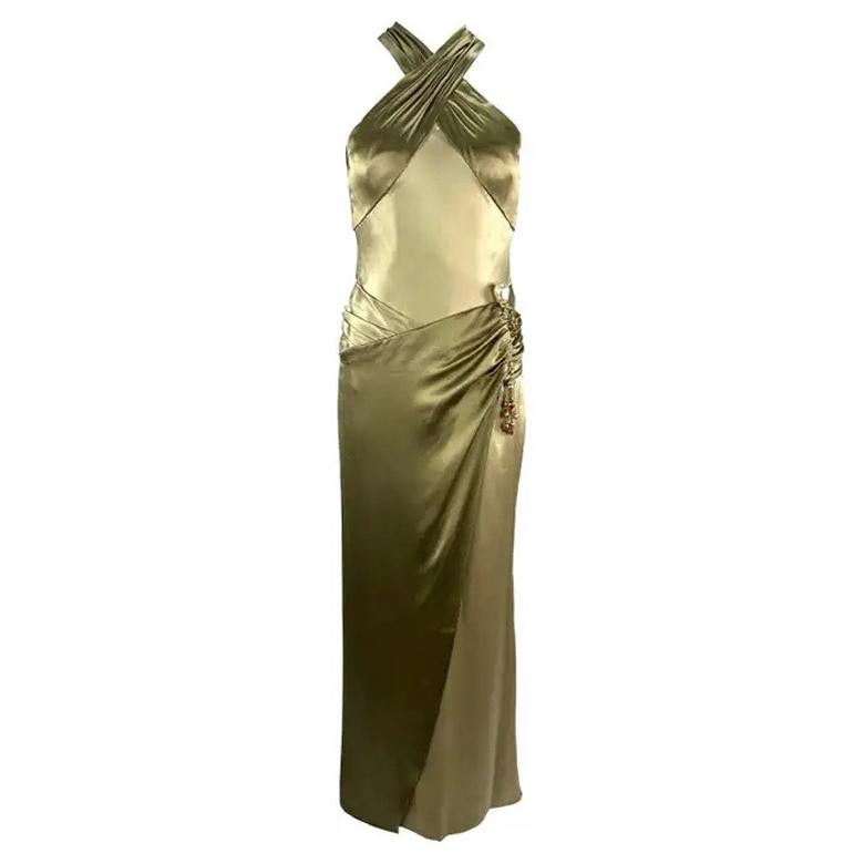 H/W 2005 Valentino Haute Couture Olivgrünes, Metallverziertes Laufstegkleid aus Seide und Metallverzierung