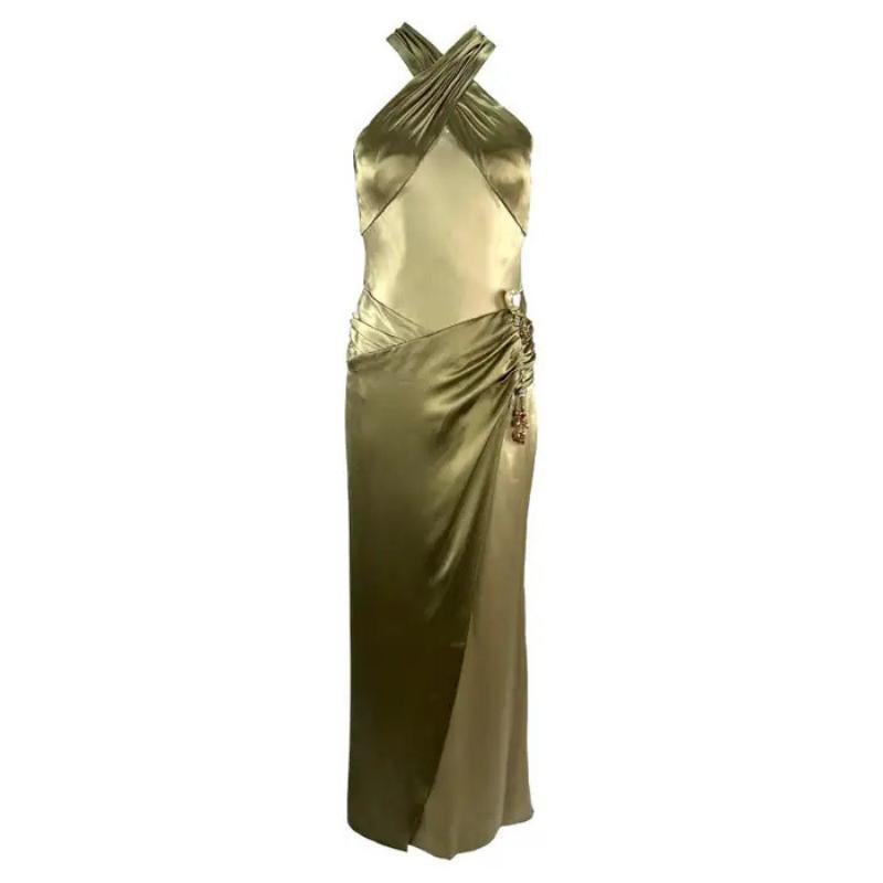 A/I 2005 Valentino Haute Couture abito da passerella in seta verde oliva con decorazioni metalliche