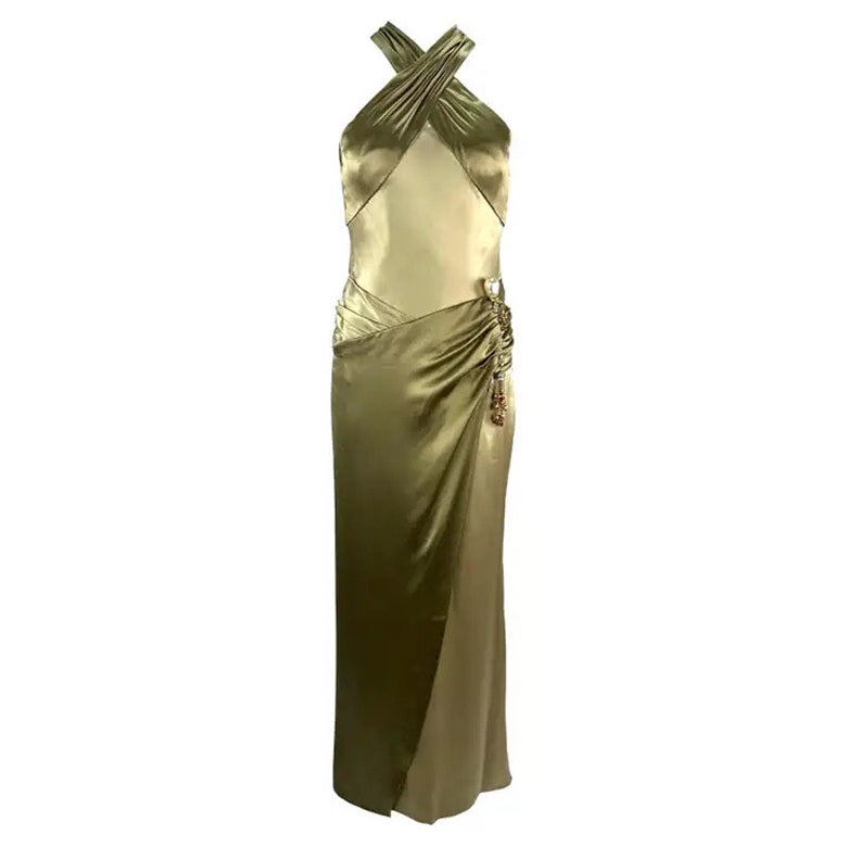 F/W 2005 Valentino Haute Couture Vestido de noche de seda verde oliva con adornos metálicos en venta