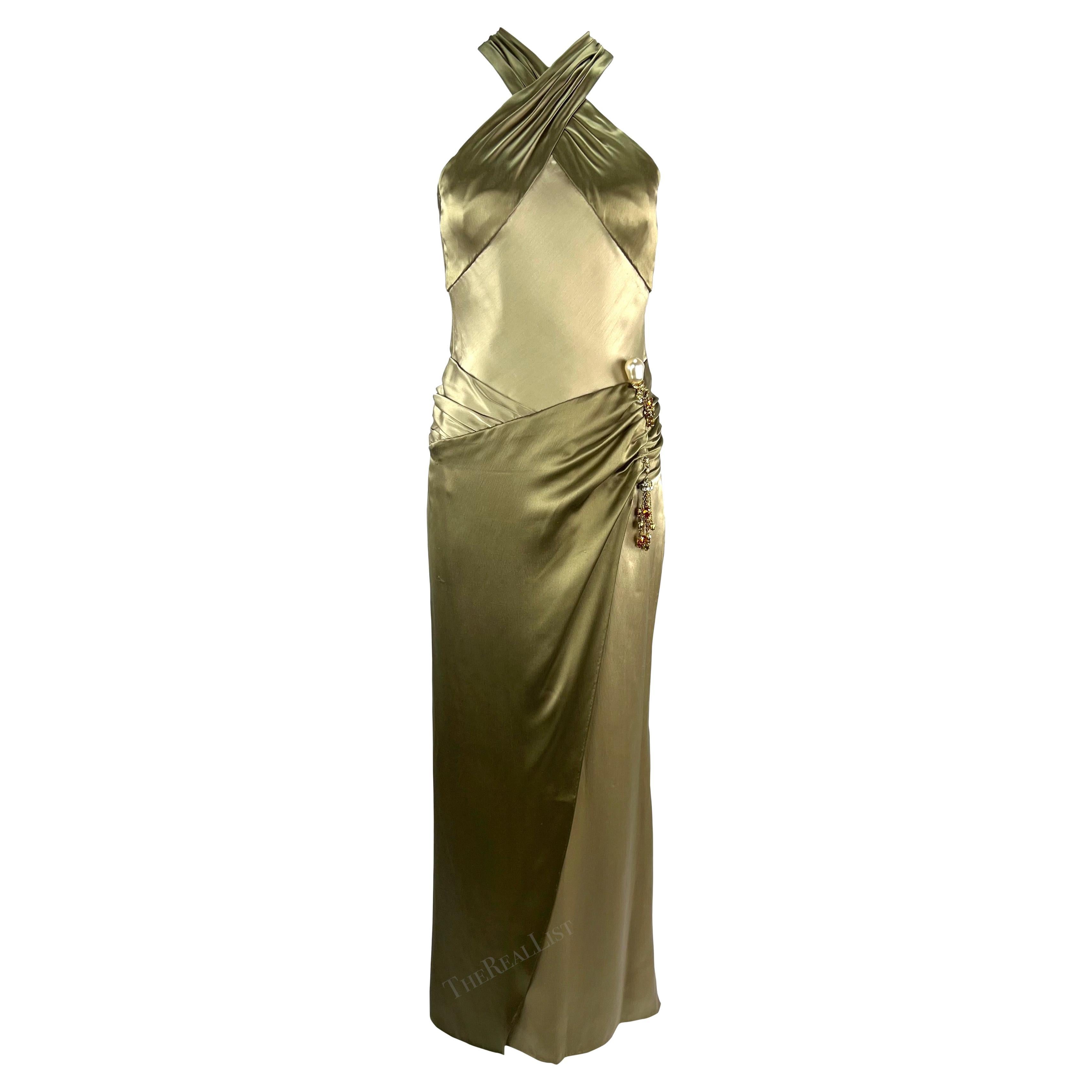 F/W 2005 Valentino Haute Couture Olive Green Silk Metal Embellished Runway Gown For Sale