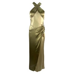 Vintage F/W 2005 Valentino Haute Couture Olive Green Silk Metal Embellished Runway Gown