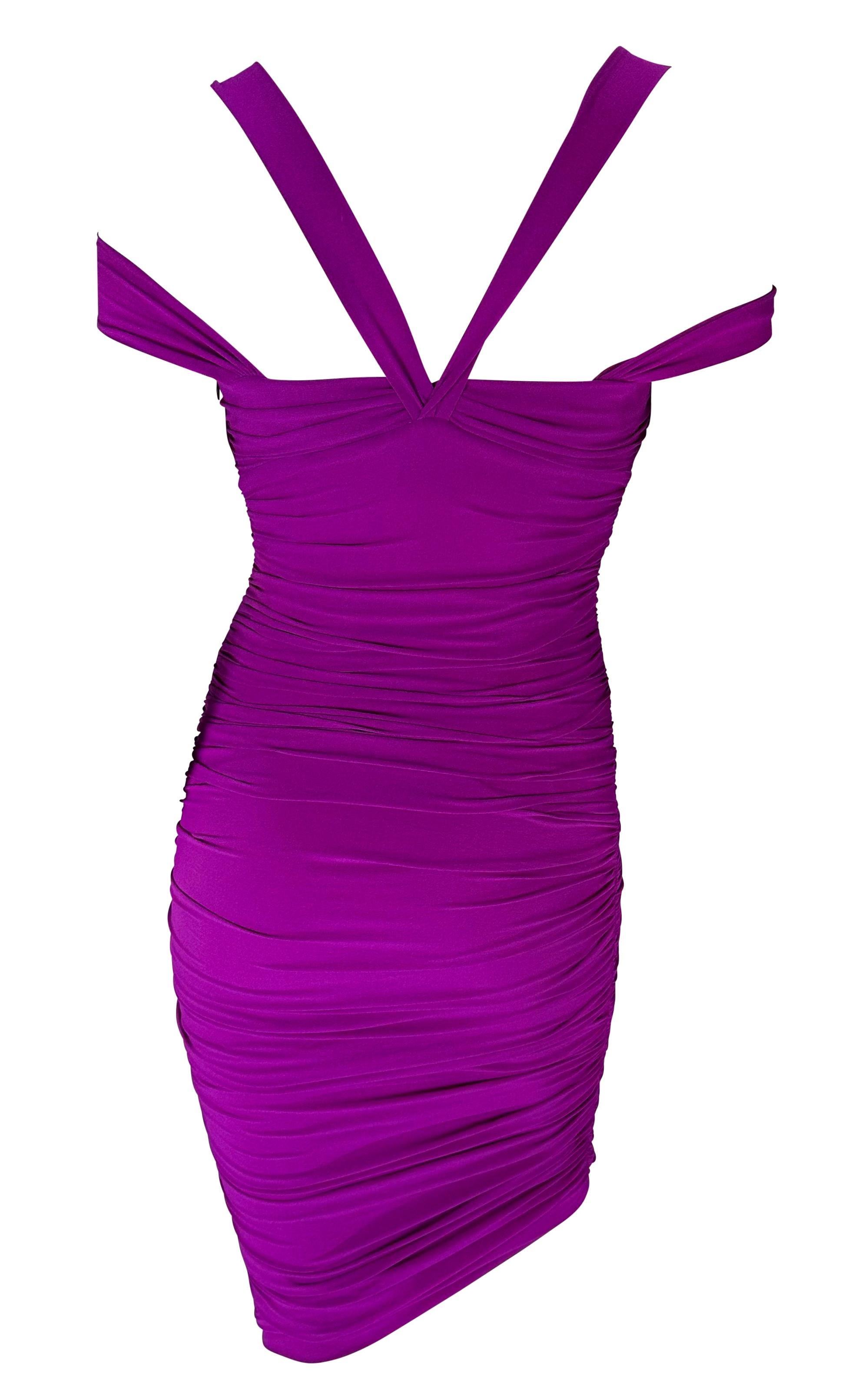 F/W 2005 Versace by Donatella Fuchsia Ruched Stretch Bodycon Strap Dress In Good Condition For Sale In West Hollywood, CA