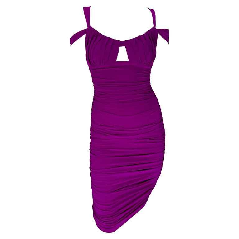 F/W 2005 Versace by Donatella Fuchsia Ruched Stretch Bodycon Strap Dress  For Sale at 1stDibs
