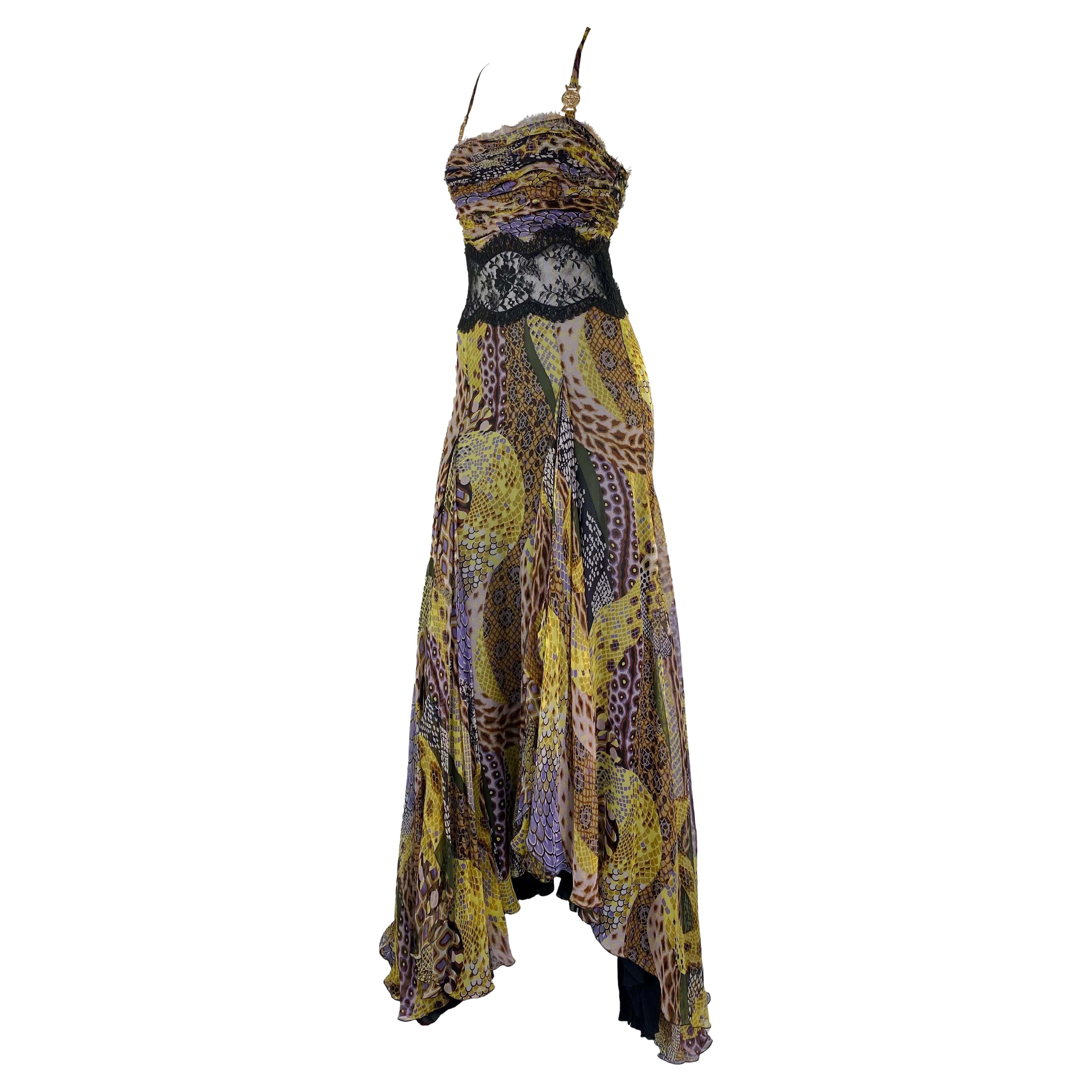 F/W 2005 Versace by Donatella Medusa Medallion Snake Print Sheer Lace Gown