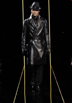 F/W 2005 Versace by Donatella Mens Runway Leather Raw Edge Belted Trench Coat