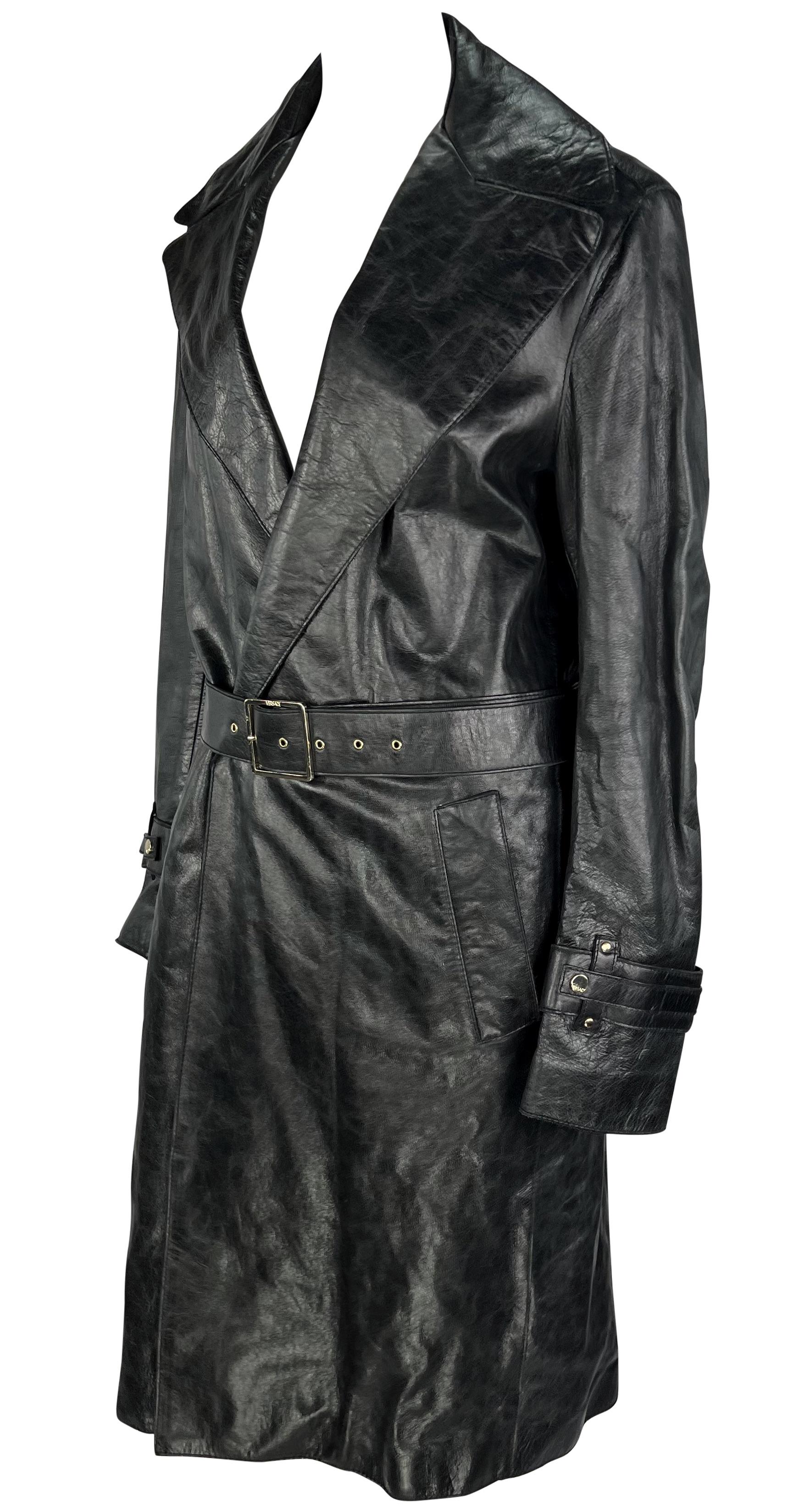 Men's F/W 2005 Versace by Donatella Mens Runway Leather Raw Edge Belted Trench Coat For Sale