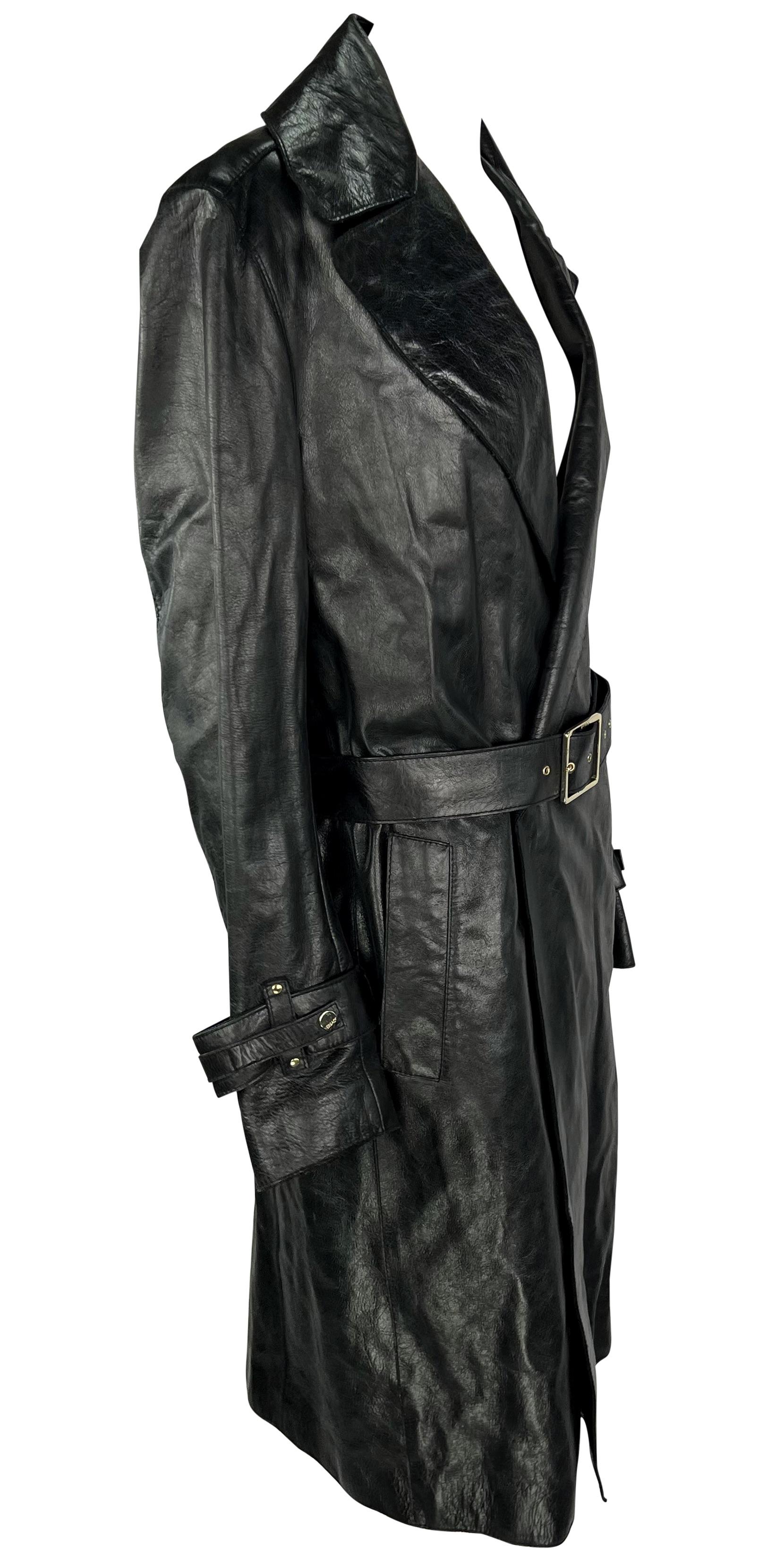 F/W 2005 Versace by Donatella Mens Runway Leather Raw Edge Belted Trench Coat For Sale 3