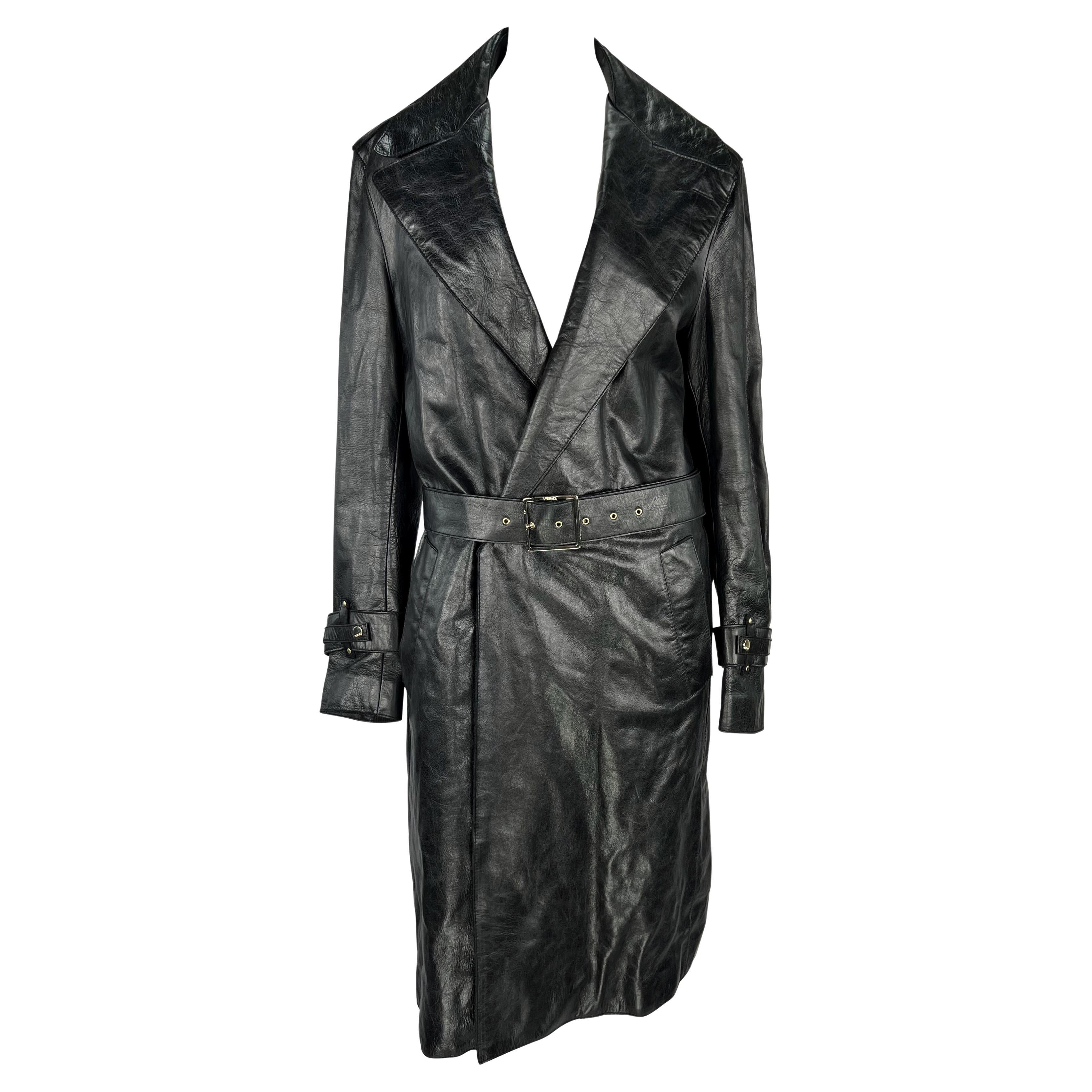 F/W 2005 Versace by Donatella Mens Runway Leather Raw Edge Belted Trench Coat For Sale