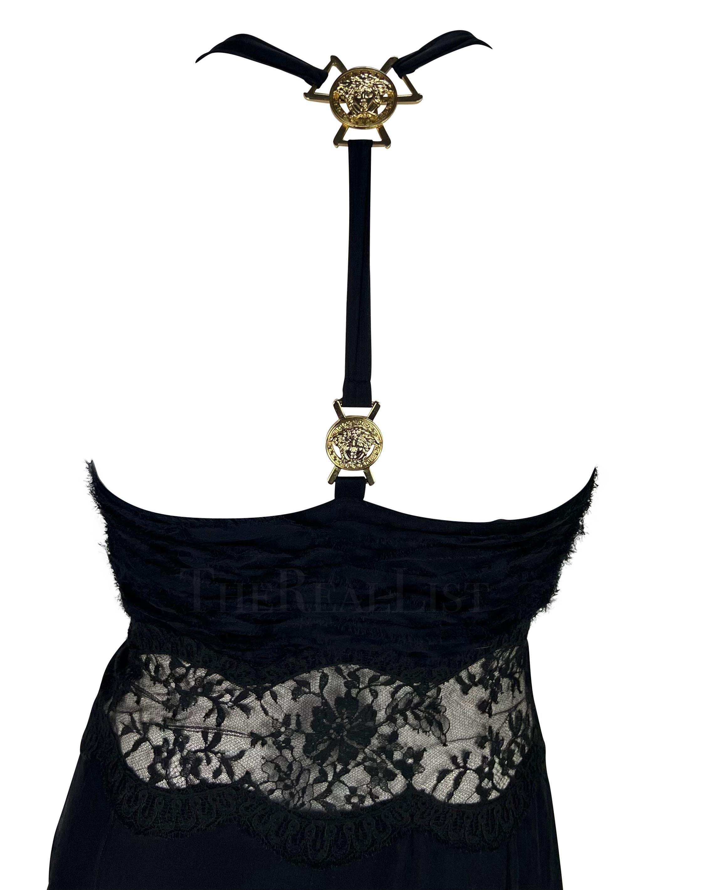 F/W 2005 Versace by Donatella Runway Black Silk Chiffon Lace Medusa Mini Dress 6