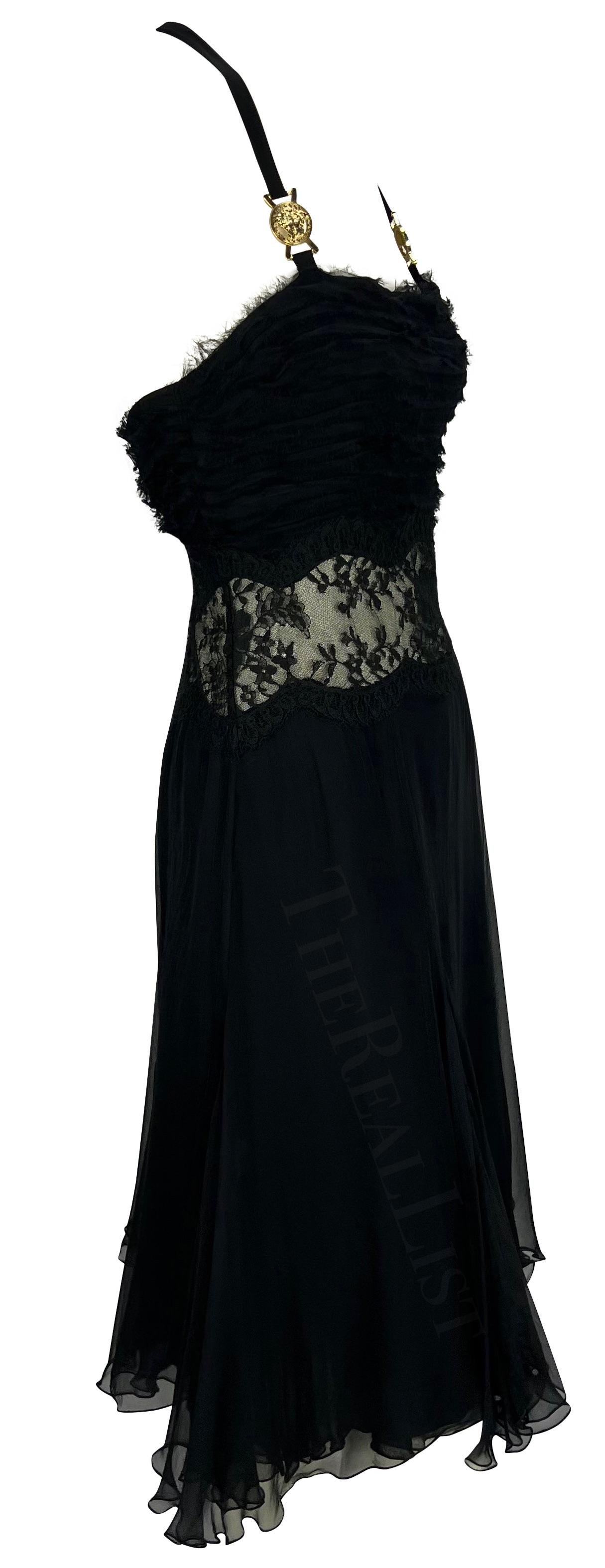 F/W 2005 Versace by Donatella Runway Black Silk Chiffon Lace Medusa Mini Dress 7
