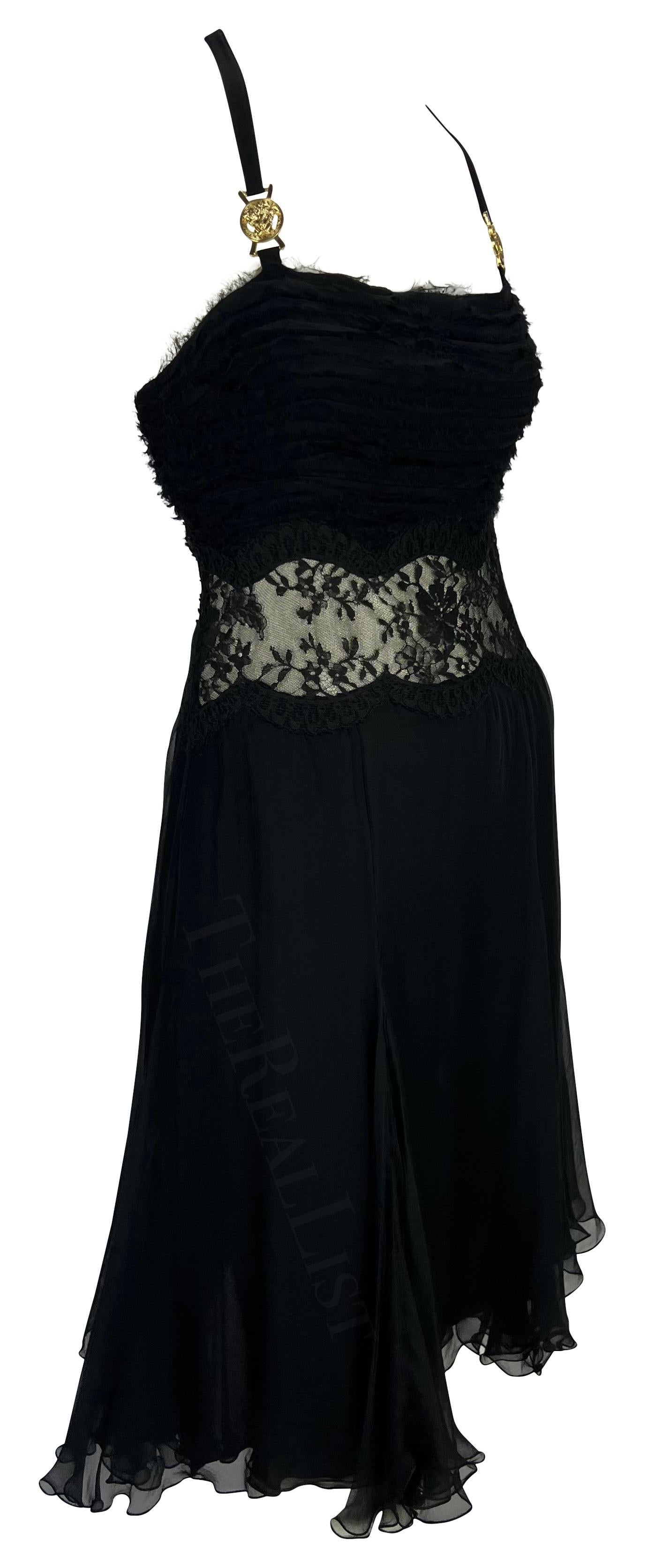 F/W 2005 Versace by Donatella Runway Black Silk Chiffon Lace Medusa Mini Dress 8