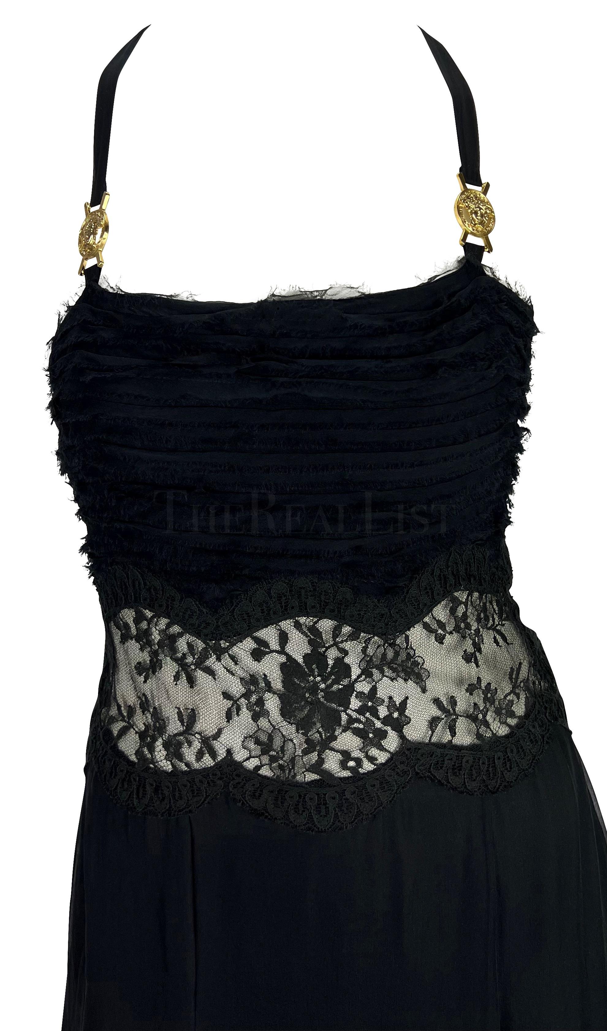 Women's F/W 2005 Versace by Donatella Runway Black Silk Chiffon Lace Medusa Mini Dress
