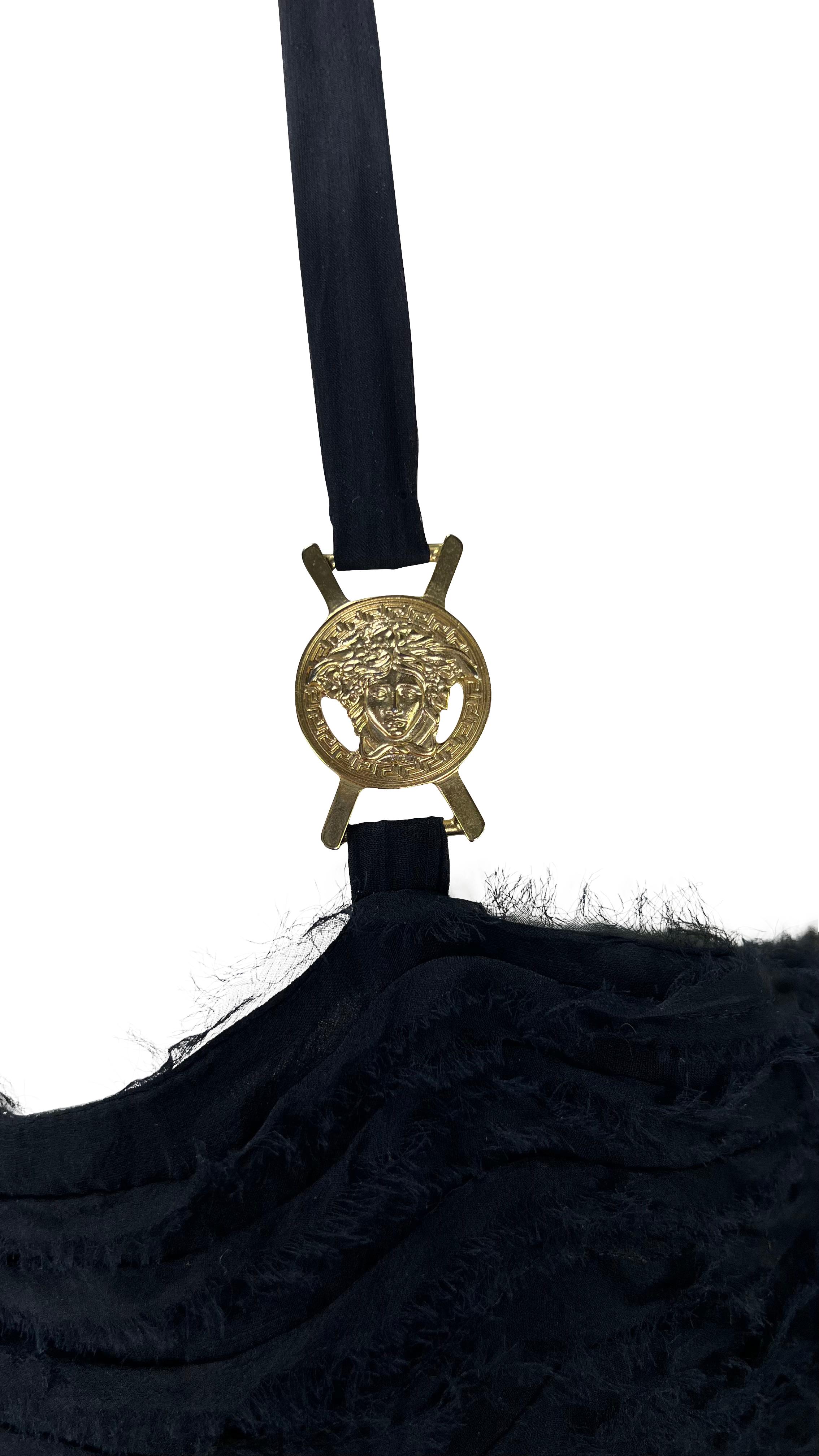 F/W 2005 Versace by Donatella Runway Black Silk Chiffon Lace Medusa Mini Dress 1