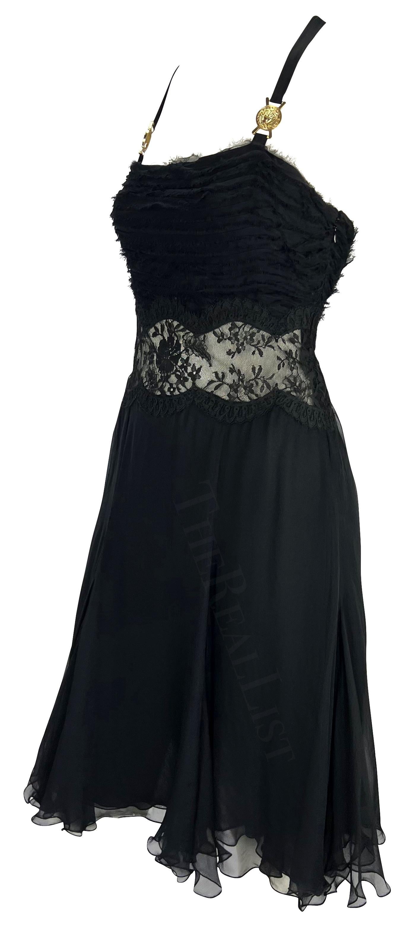 F/W 2005 Versace by Donatella Runway Black Silk Chiffon Lace Medusa Mini Dress 2