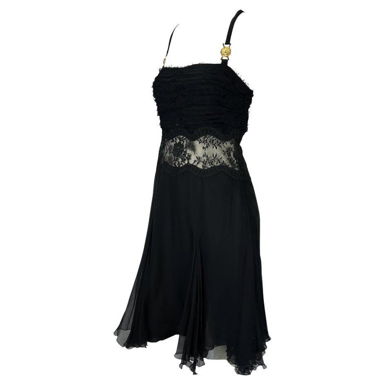 F/W 2005 Versace by Donatella Versace Black Silk Lace Mini Dress For Sale