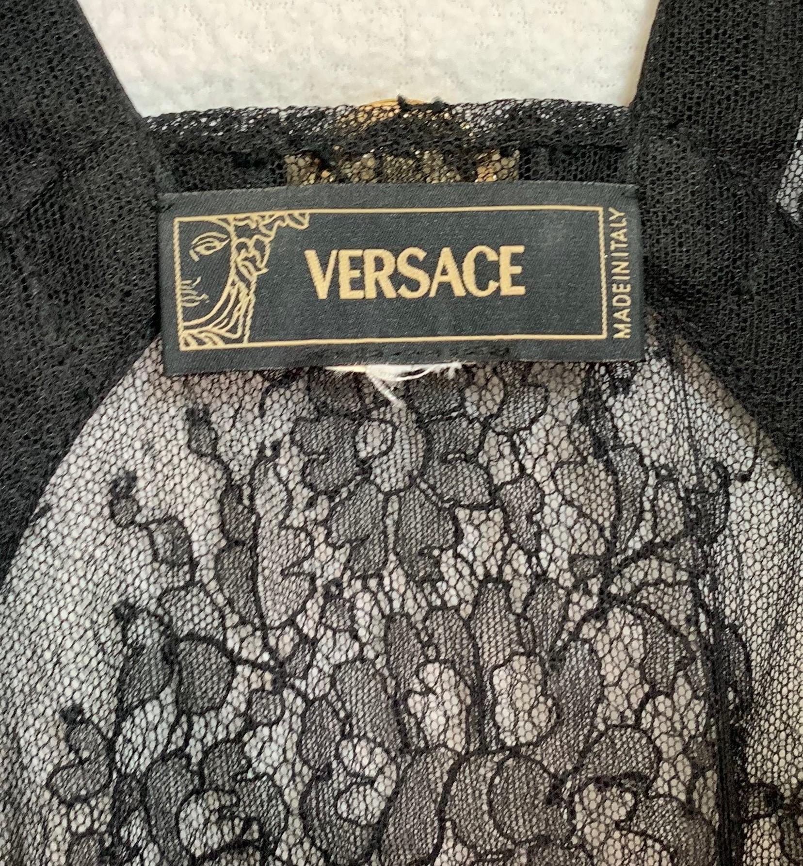 Women's F/W 2005 Versace Runway Plunging Sheer Black Lace Gown Dress