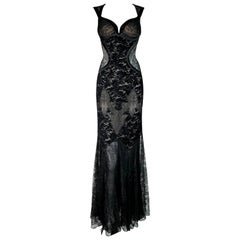 F/W 2005 Versace Runway Plunging Sheer Black Lace Gown Dress