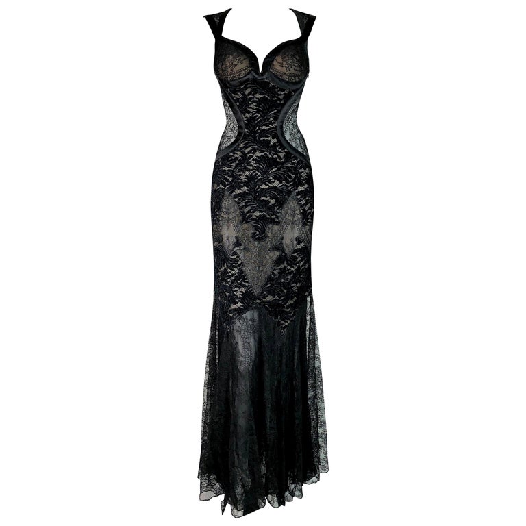 F/W 2005 Versace Runway Plunging Sheer Black Lace Gown Dress at 1stDibs