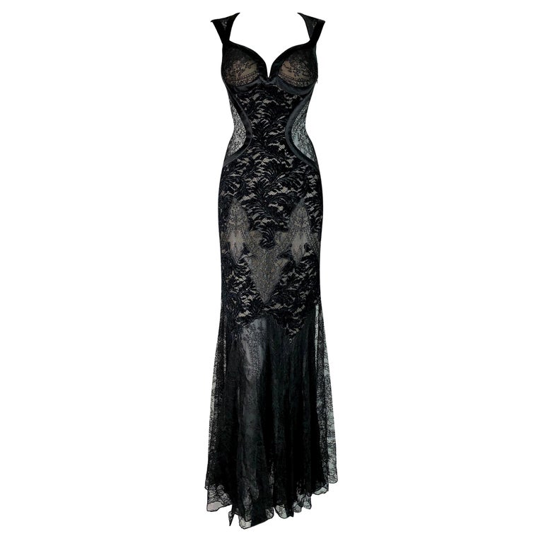 F/W 2005 Versace Runway Plunging Sheer Black Lace Gown Dress at 1stDibs