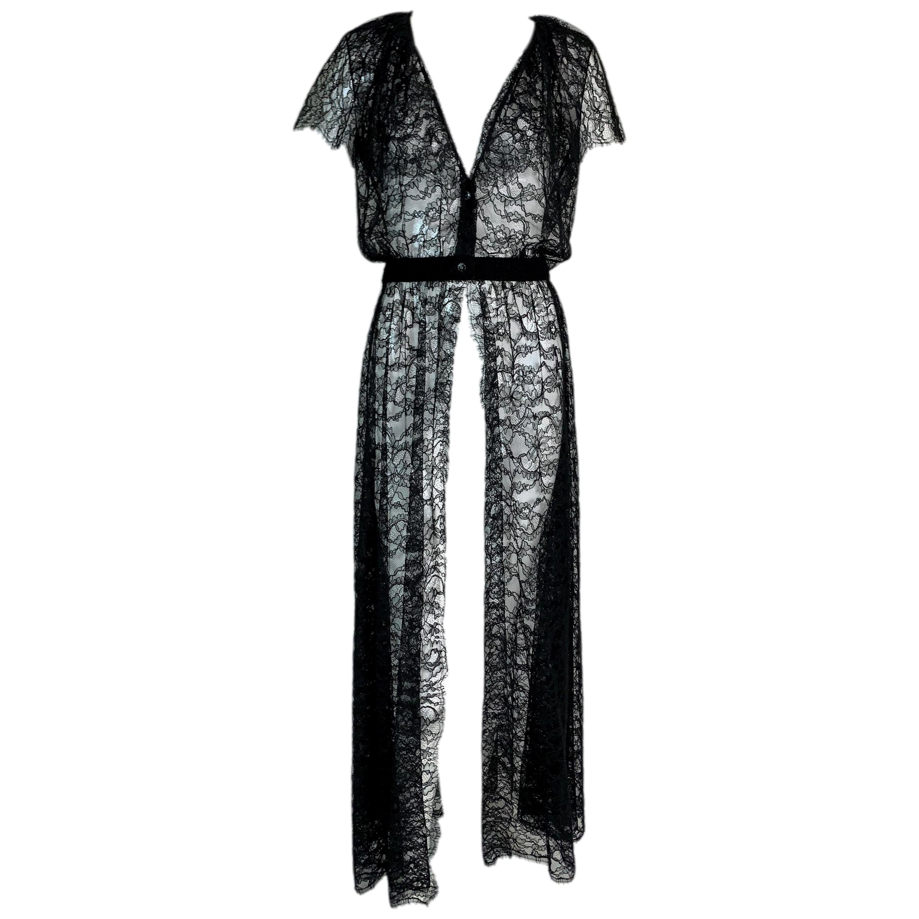 F/W 2006 Chanel 1920's Flapper Style Plunging Sheer Black Lace Dress