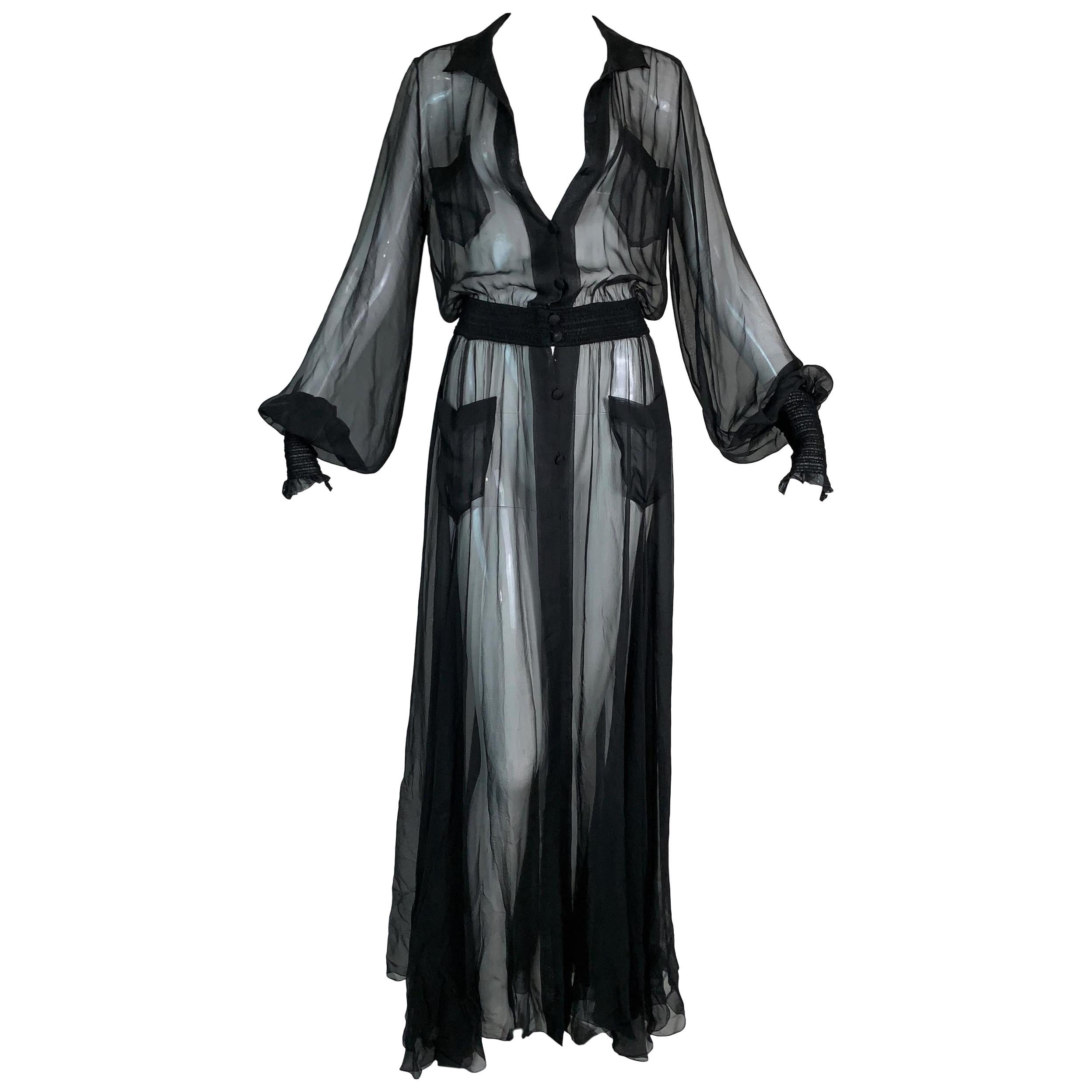 F/W 2006 Chanel Old Hollywood 40's Style Sheer Black Silk L/S Gown Dress