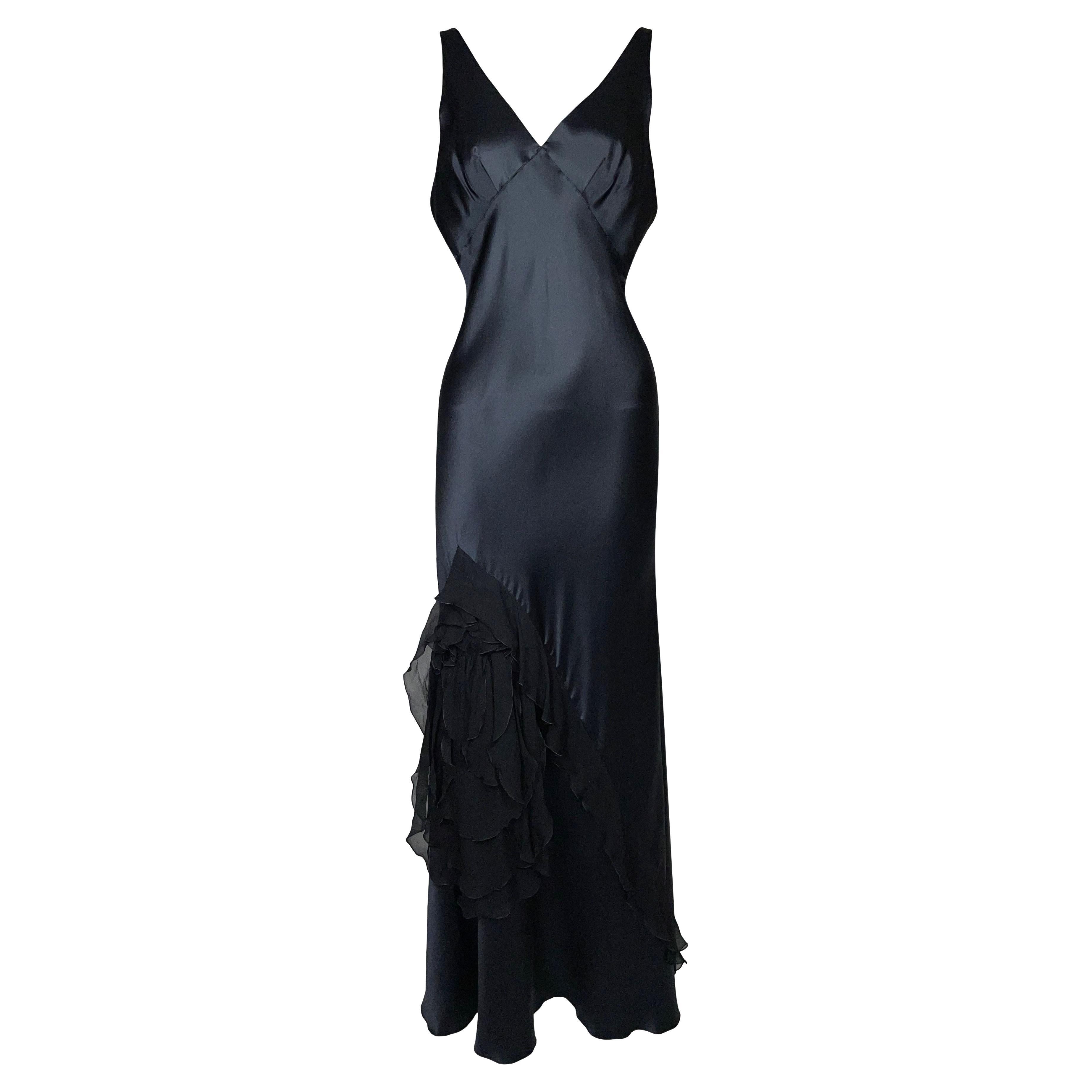 F/W 2006 Christian Dior by John Galliano Black Silk Satin Ruffle Maxi Dress