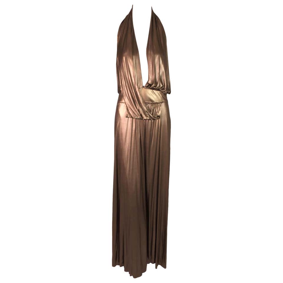 F/W 2006 Gucci Runway Plunging Liquid Gold High Slit Gown Dress at ...