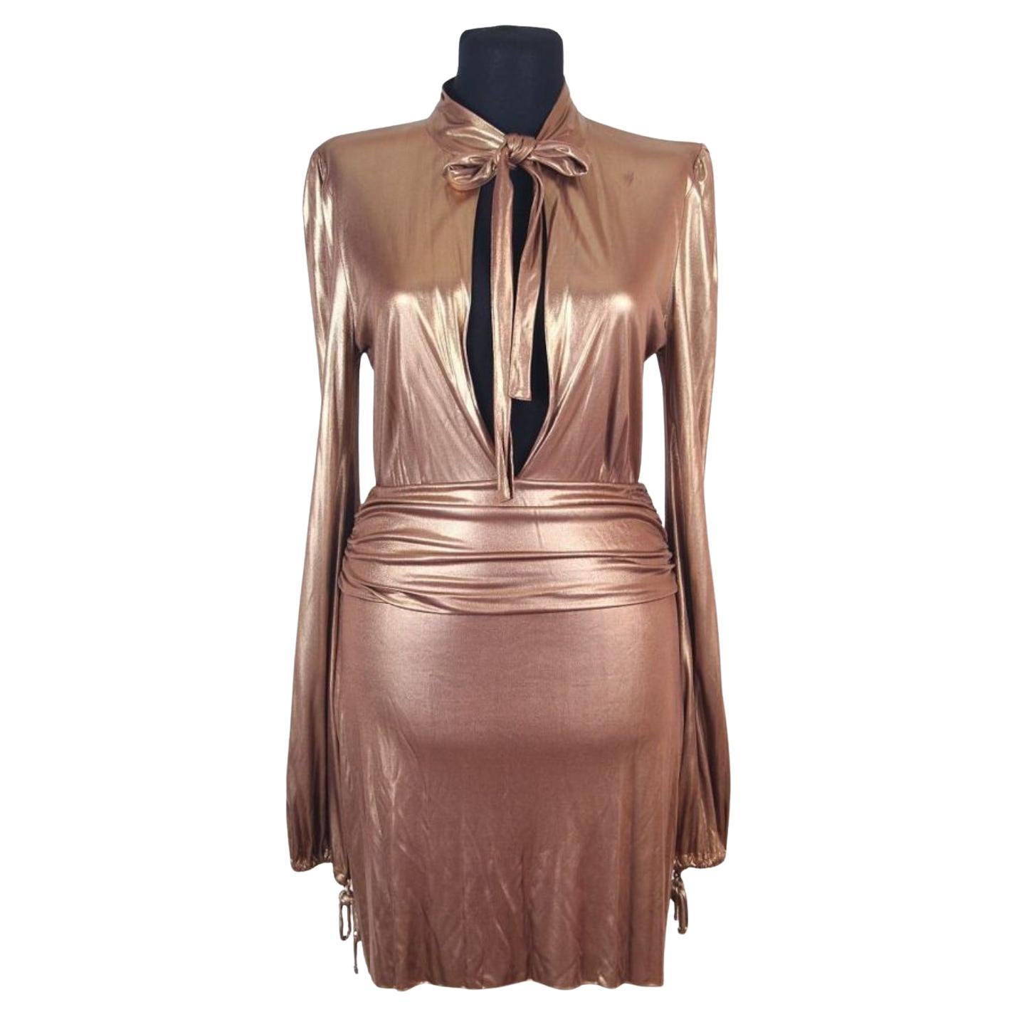 F/W 2006 Gucci Runway Plunging Neckline Gold Metallic Mini Dress For Sale