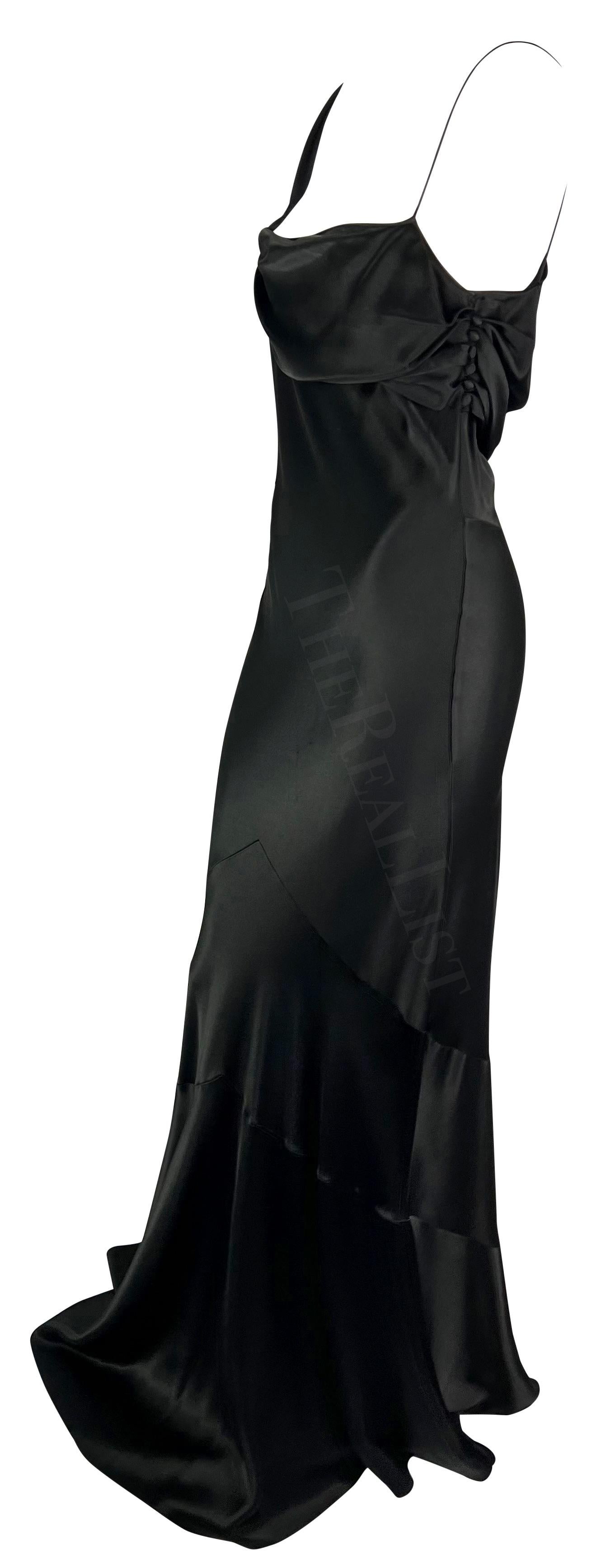 F/W 2006 John Galliano Vestido asimétrico de satén negro hasta el suelo de corte sesgado en venta 1