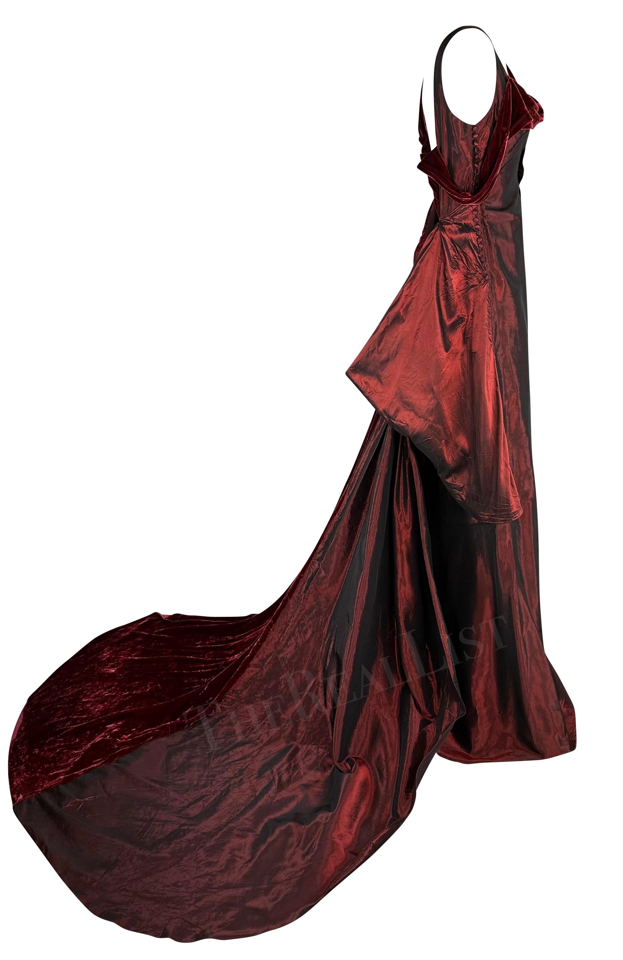 F/W 2006 John Galliano Burgundy Velvet Iridescent Satin Asymmetric Gown Train In Excellent Condition For Sale In West Hollywood, CA