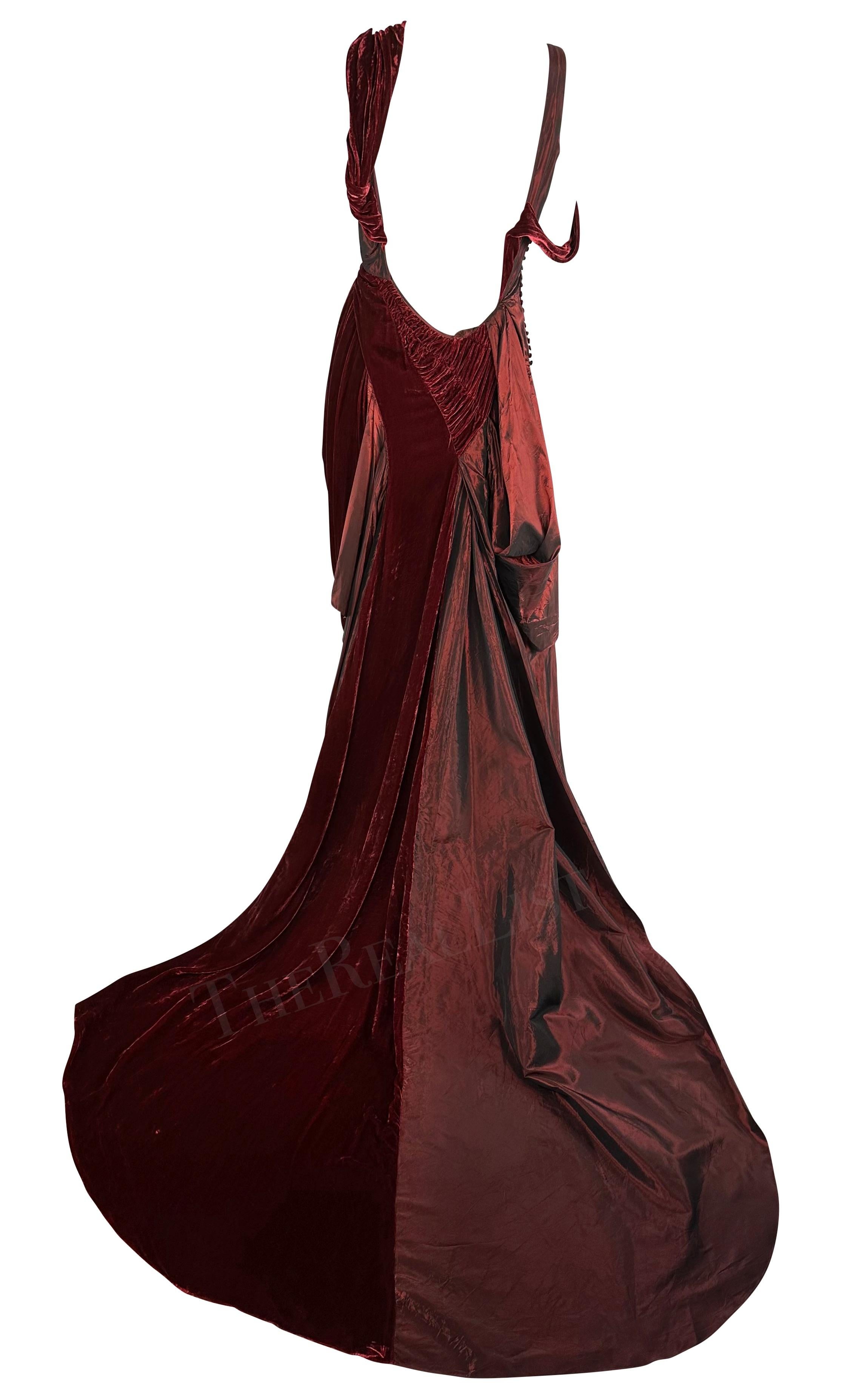 Women's F/W 2006 John Galliano Burgundy Velvet Iridescent Satin Asymmetric Gown Train For Sale