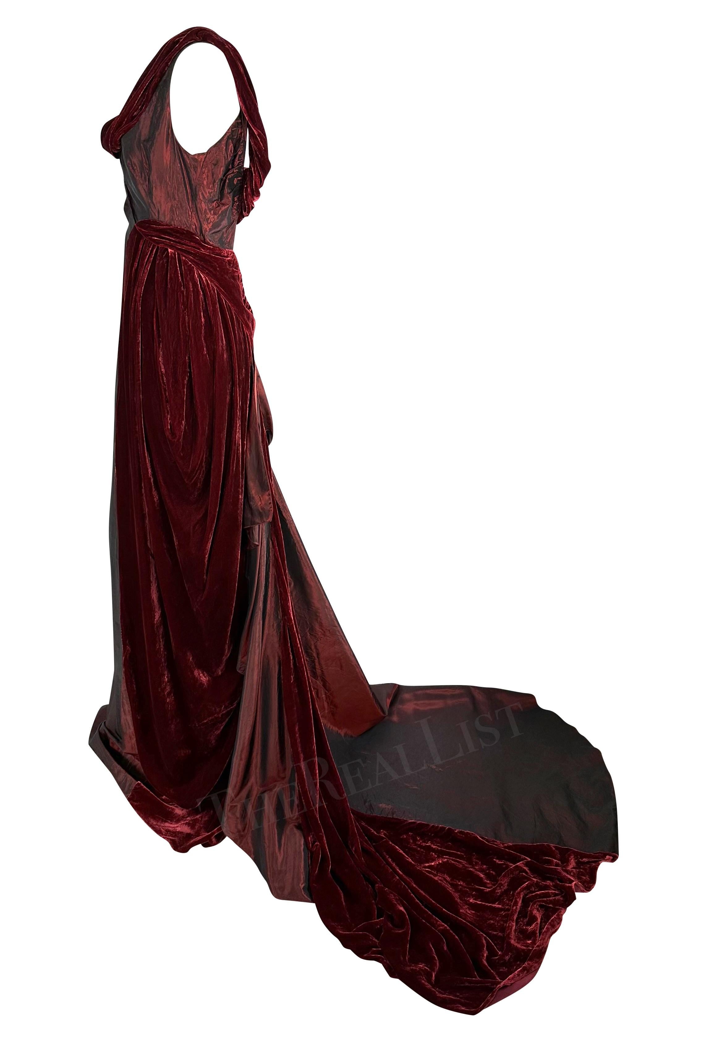 F/W 2006 John Galliano Burgundy Velvet Iridescent Satin Asymmetric Gown Train For Sale 1