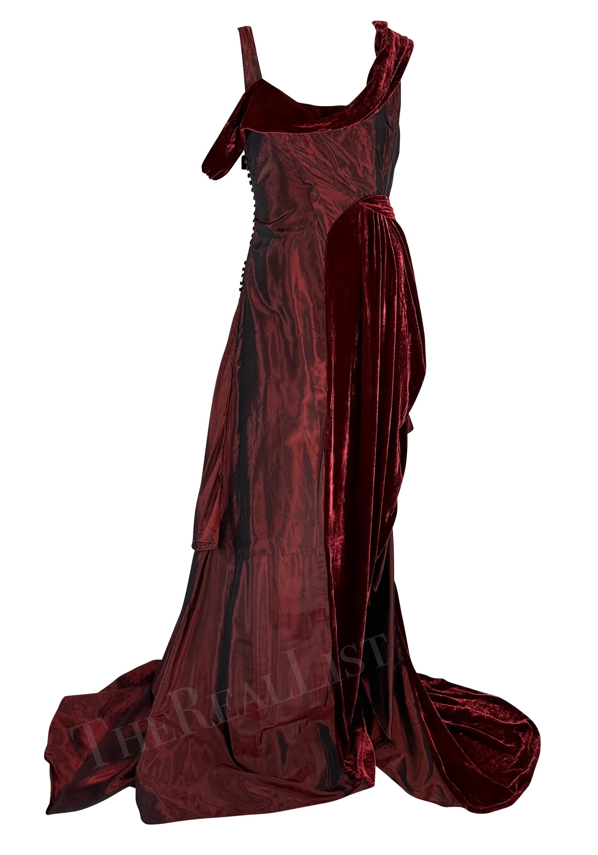 F/W 2006 John Galliano Burgundy Velvet Iridescent Satin Asymmetric Gown Train For Sale 2
