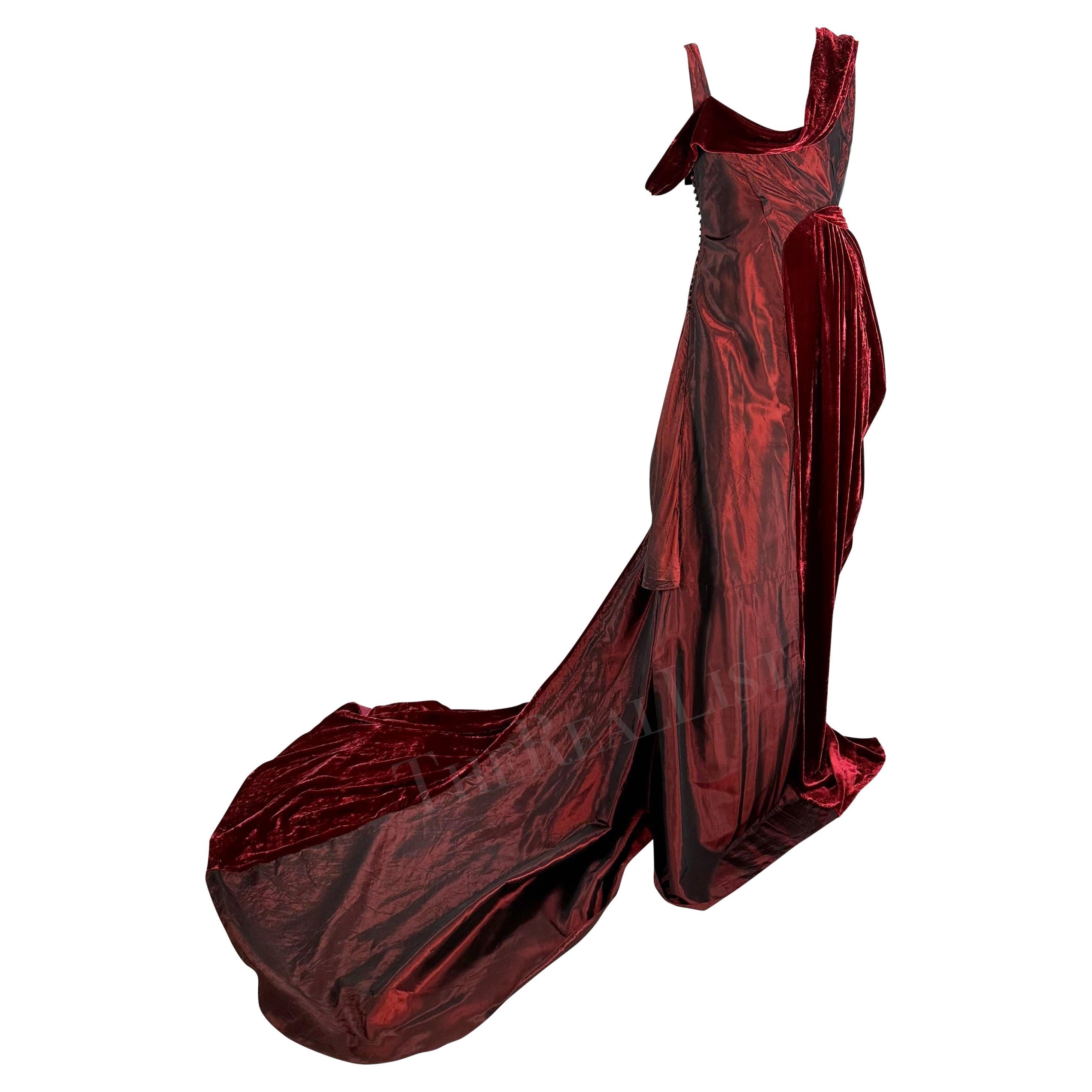 F/W 2006 John Galliano Burgundy Velvet Iridescent Satin Asymmetric Gown Train For Sale