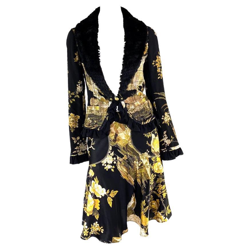 F/W 2006 Roberto Cavalli Black Gold Pheasant Print Skirt Suit Fur