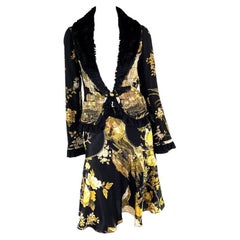F/W 2006 Roberto Cavalli Black Gold Pheasant Print Skirt Suit Fur Collar